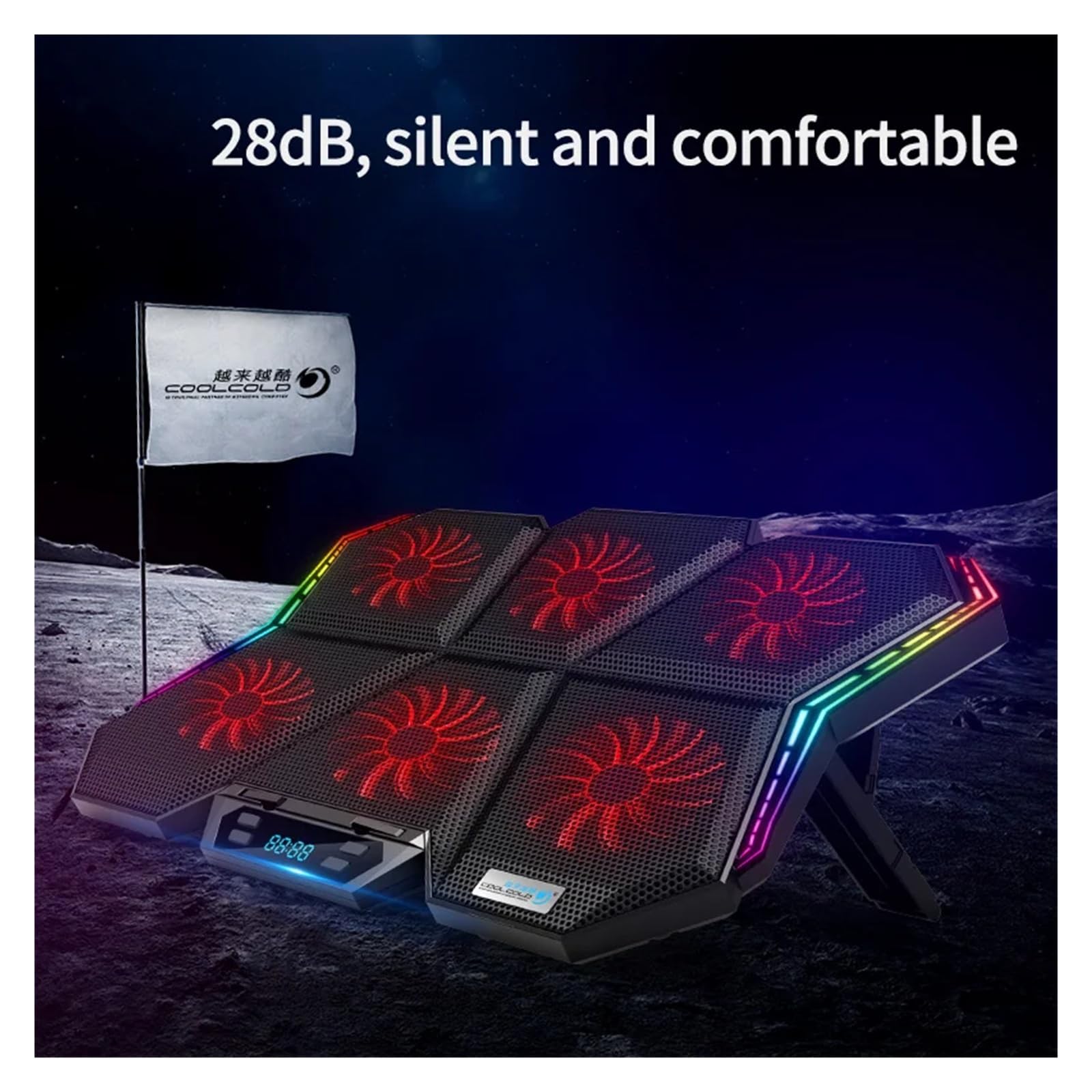 Dispositivo di raffreddamento for laptop RGB da gioco Supporto for dispositivo di raffreddamento for notebook con schermo a LED da 12-17 pollici con sei ventole e 2 porte USB(RGB-Blue)