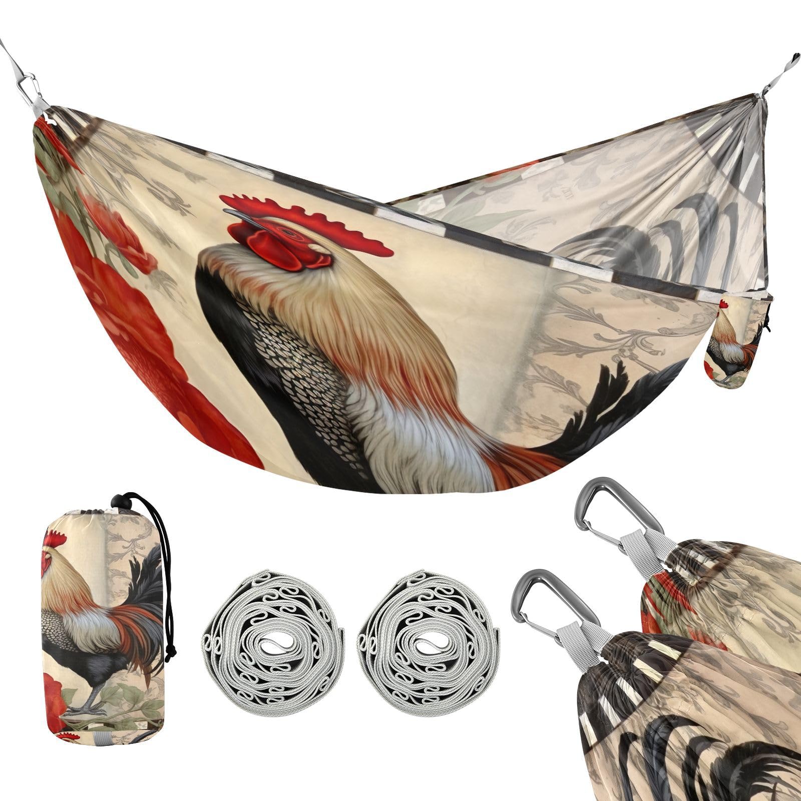 Haskirky Vintage Rooster Camping Hammock, Single Portable Hammocks with Tree Straps & Attached Carry Bag, 330Lbs Capacity Perfect for Outside Indoor Hiking Beach Backpack Travel