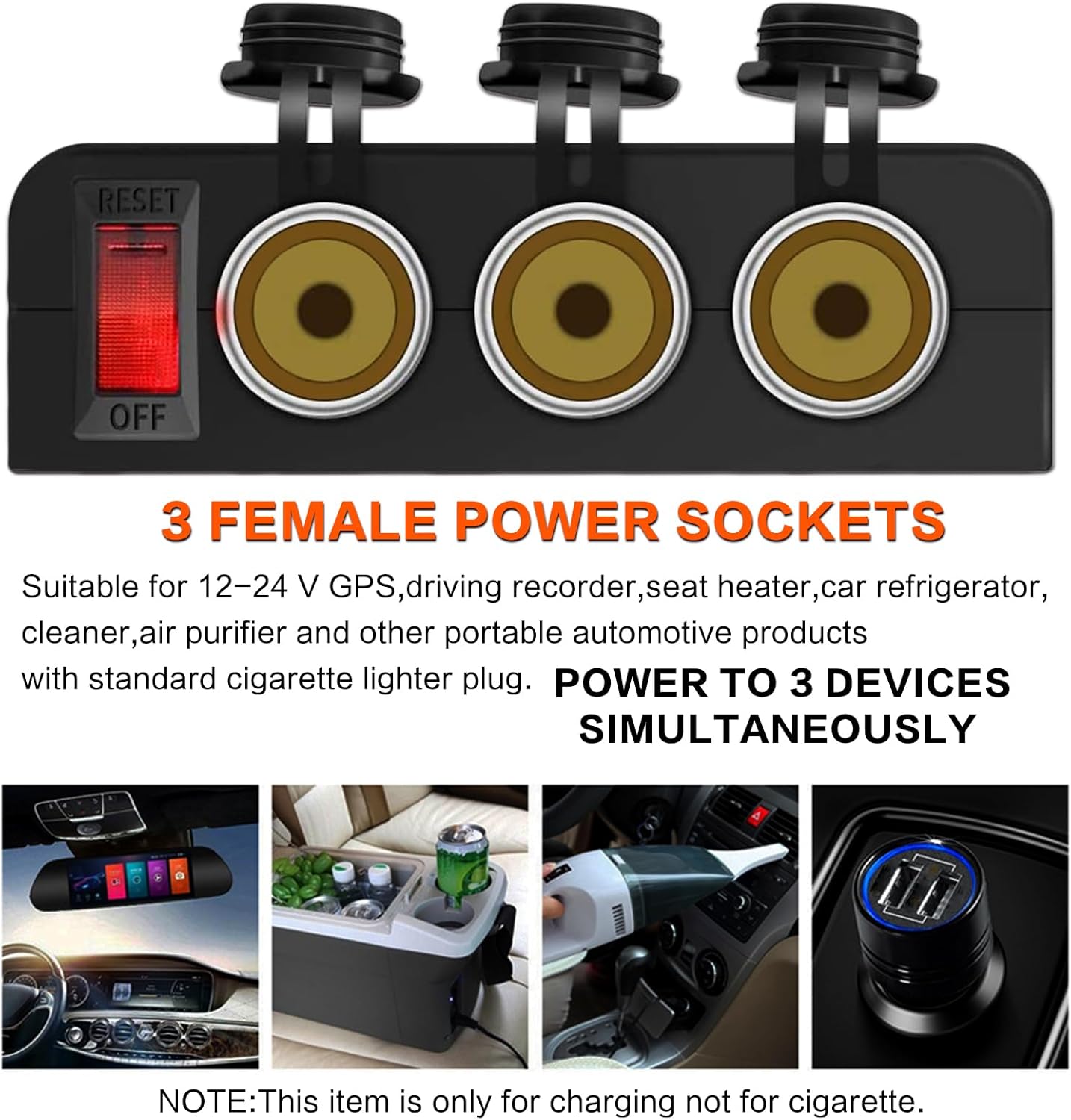 3 Socket Cigarette Lighter Splitter 12V Power Outlet Adapter with Red LED On/Off Switch Waterproof Female Power Socket for Car Rv Truck Marine Boat ATV UTV Van
