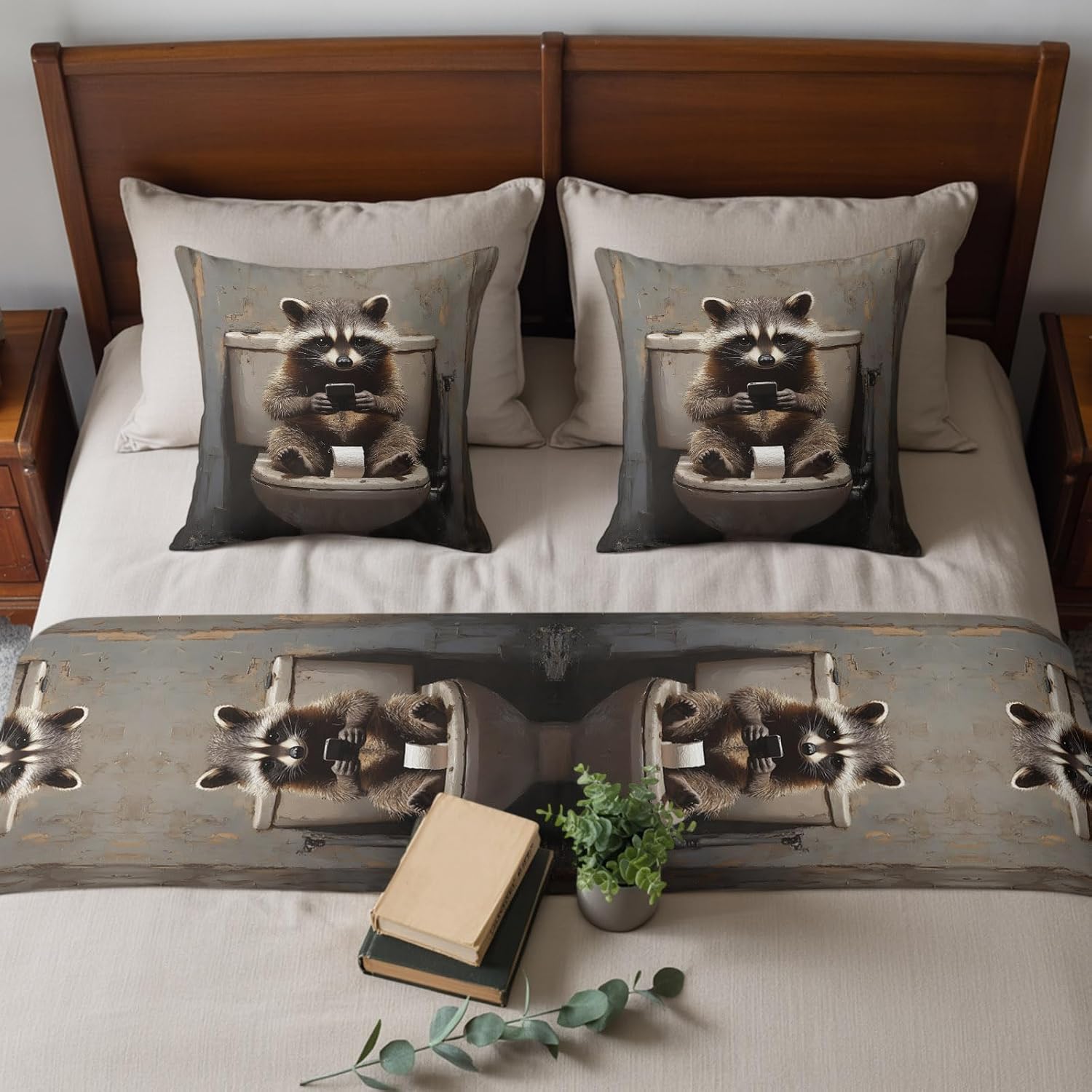 Queen Size Bed Runner Set 83 x 20 inch Raccoon Sits on The Toilet Bed Scarf with 2 Matching Pillow Covers Funny Raccoon Decorative Bed End Scarf and Cushion Covers for Bed Hotel Decor