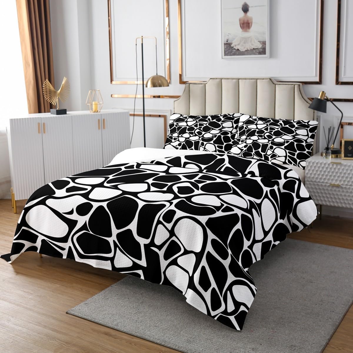 Manfei Black White Geometric Bedspread King,Irregular Circular Quilted Coverlet 3pcs for Adults Teens Room Decor,Abstract Art Soft Breathable Bedding Quilt