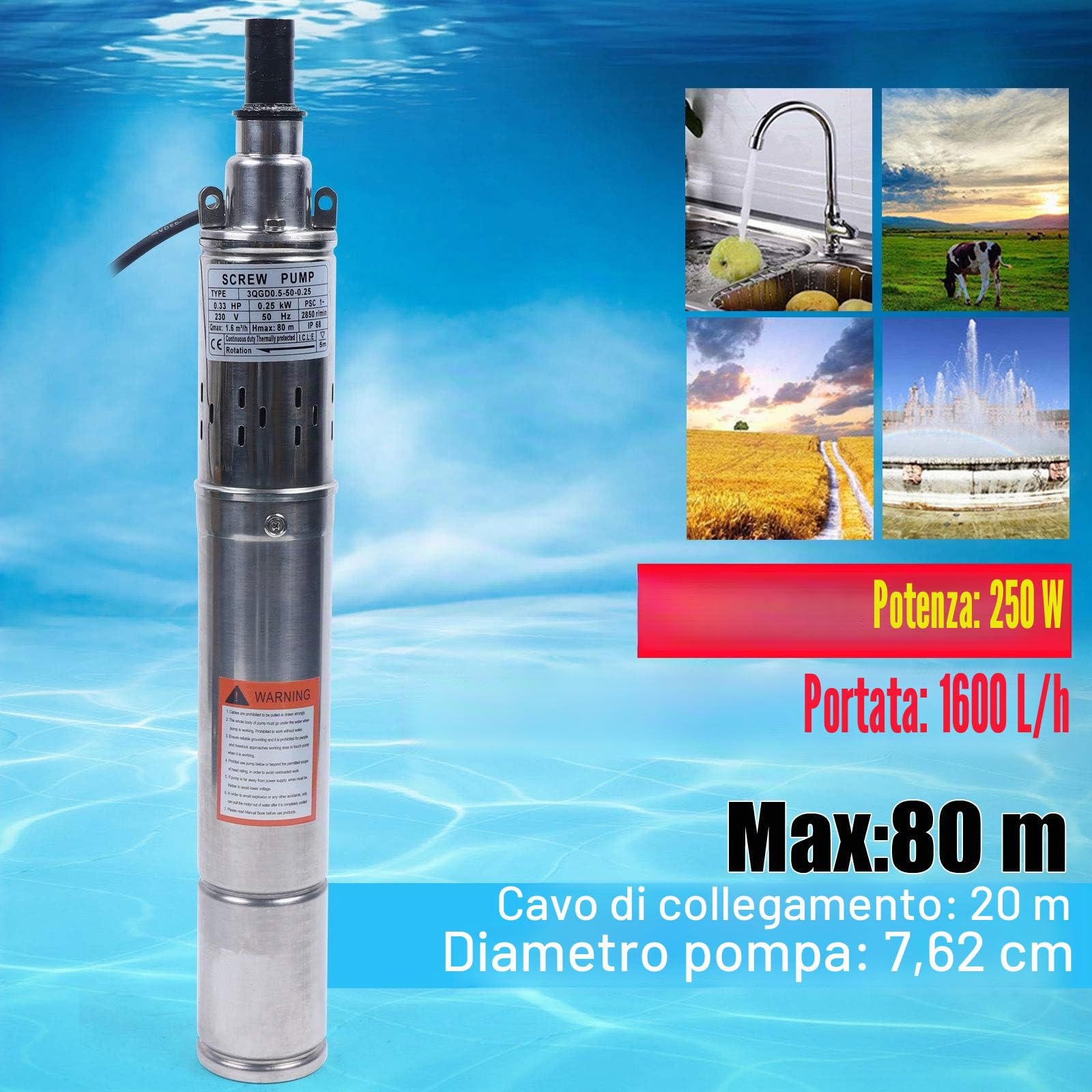 Pompa per pozzi profondi, 250 W, 3 pollici, acciaio inox, 1600 l/h, altezza di mandata 80 m