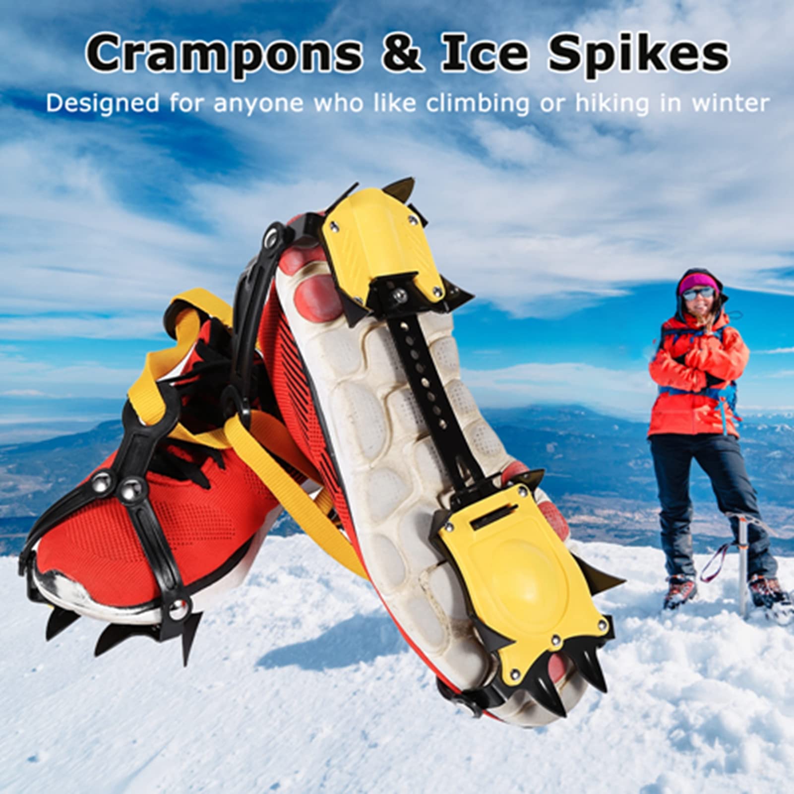 1 Pair Crampons for Hiking Boots, of 10-Teeth Crampons Strap Binding Type Ice Grips Slip Resistant Cleats Stabilicers Ice Cleats for Hiking and Climbing