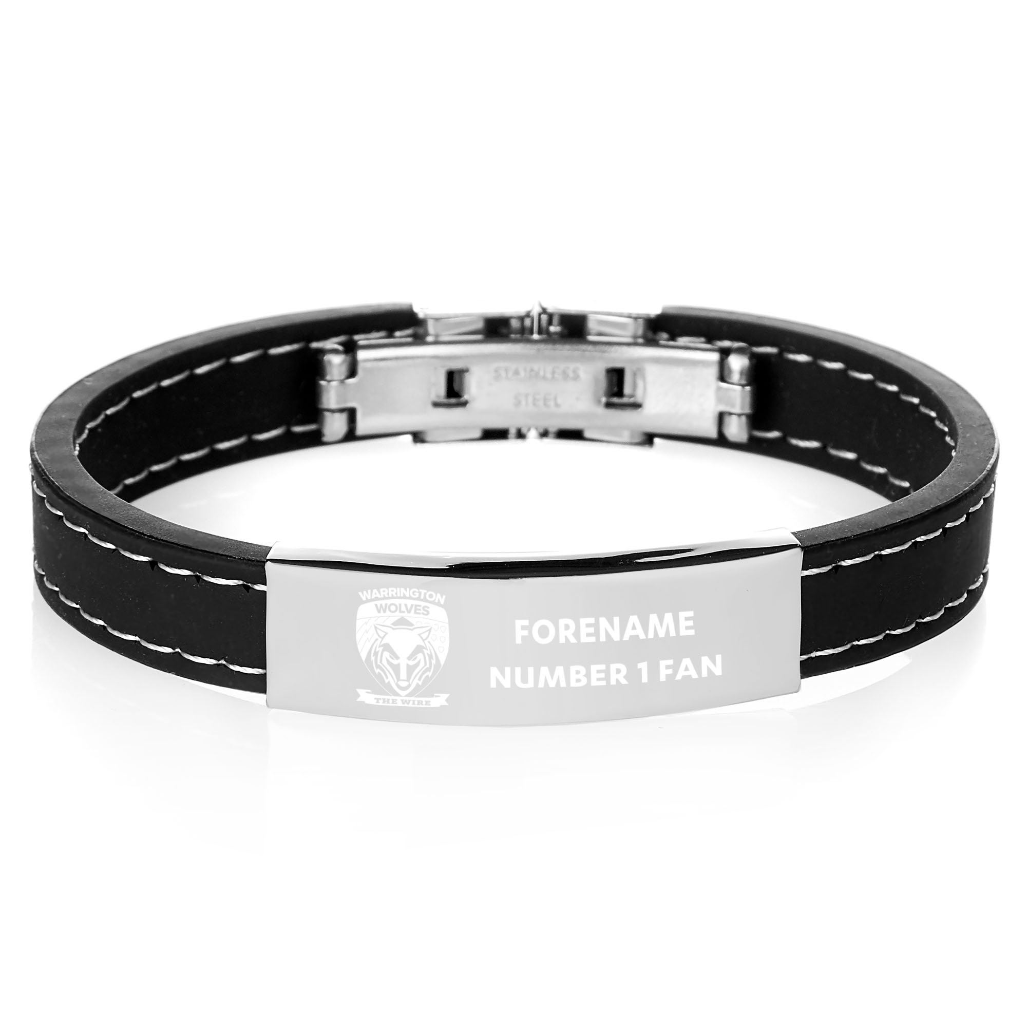 Official Personalised Warrington Wolves Steel & Rubber Bracelet