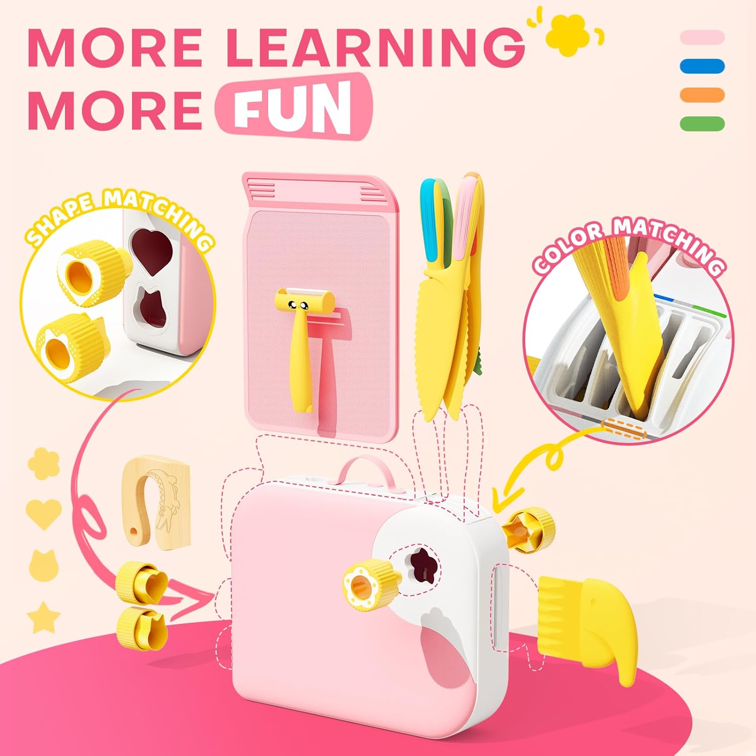 Montessori Kitchen Tools for Toddlers with Storage Box-Girl Cooking Set Real,Safe PP Material Toddler Kitchen Tools for Real Cooking,Dishwasher Safe,Pink Fun Bird-Shaped Organizer Toddler Knife Set