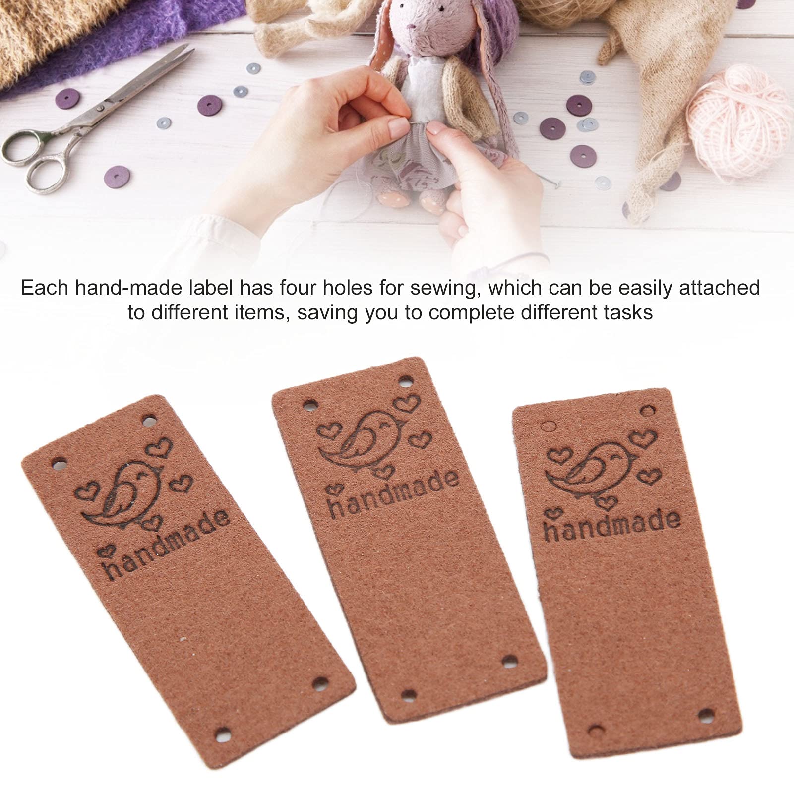 100pcs Handmade Leather Labels, Leather Labels with Love Hearts and Bird Handmade Embossed Crochet Tags with Holes for Crafts Knitting Sewing Hats Purses Clothing(Brown)