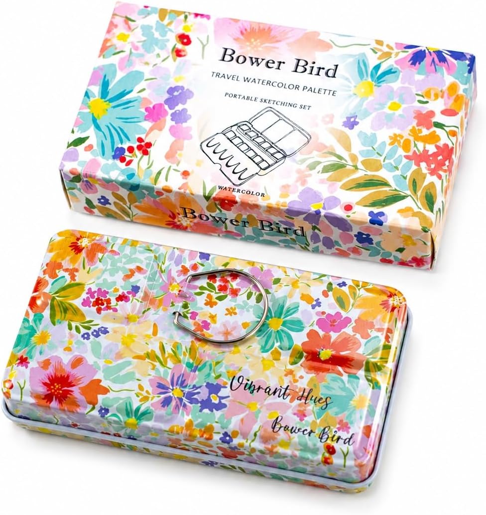 Bower Bird Travel Watercolor Palette,Portable Ceramic Palette,Empty Paint Palette,Small Travel Metal Paint Boxwith Porcelain Palette (24Well)