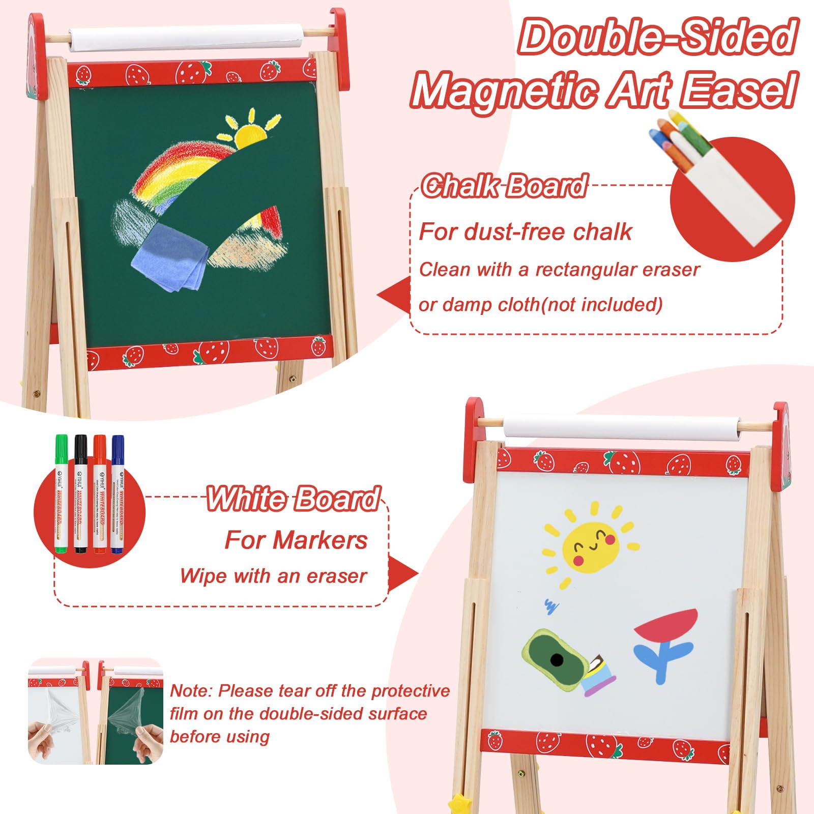 3 in 1 Lavagna per Bambini Cavalletto Pittura a Doppia Faccia con Rotolo di Carta, Altezza Regolabile 95-125cm Lavagna Pieghevole Multiattività con Vassoio di Stoccaggio e 100+ Accessoris da Disegno