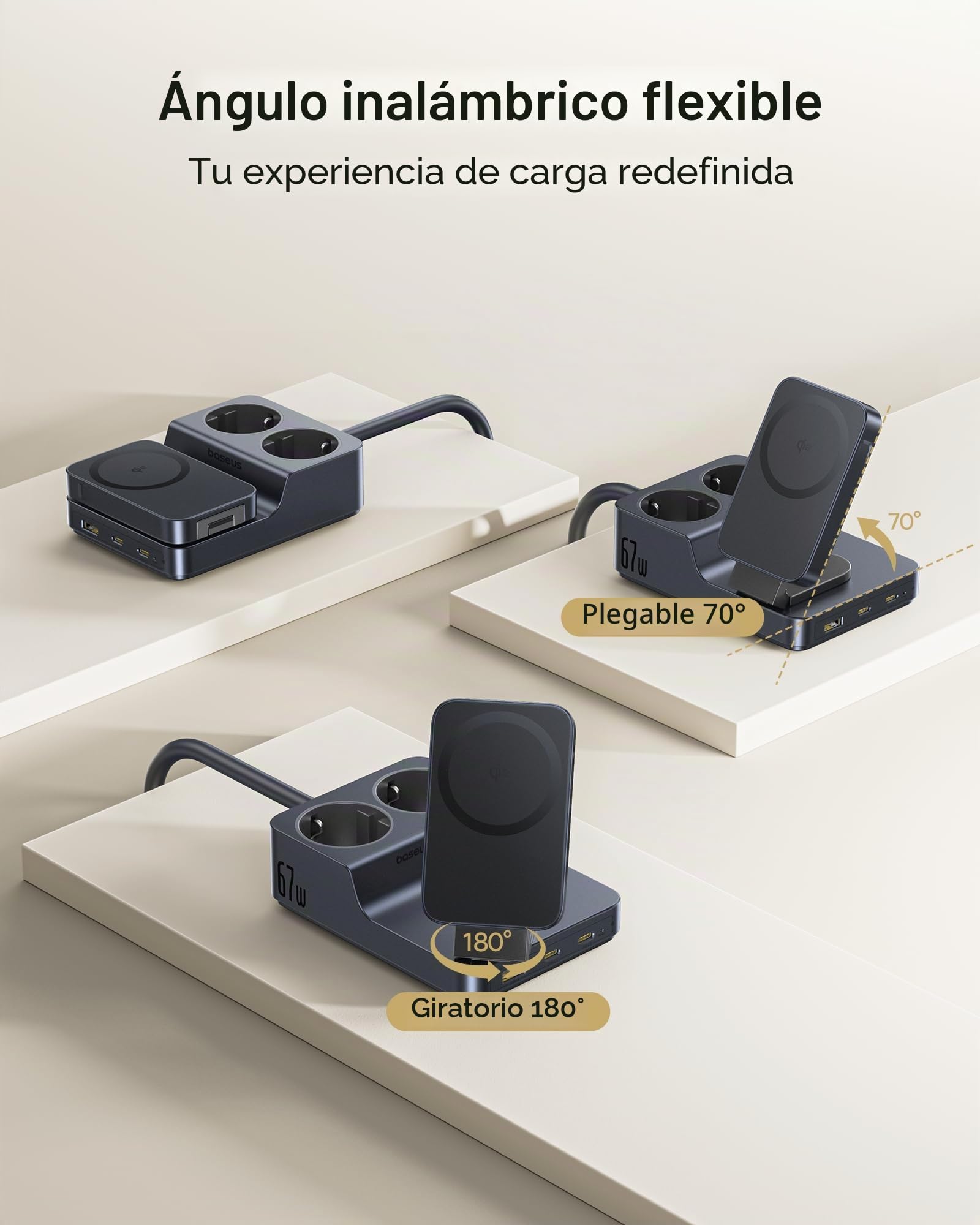 Baseus Nomos 67W Regleta USB-C, Cargador con Carga inalámbrica magnética Qi2, PD portátil para MacBook, iPad, iPhone 16/15, Galaxy S25 Ultra. Ideal para casa, Oficina y Viajes. Potente y Compacto.
