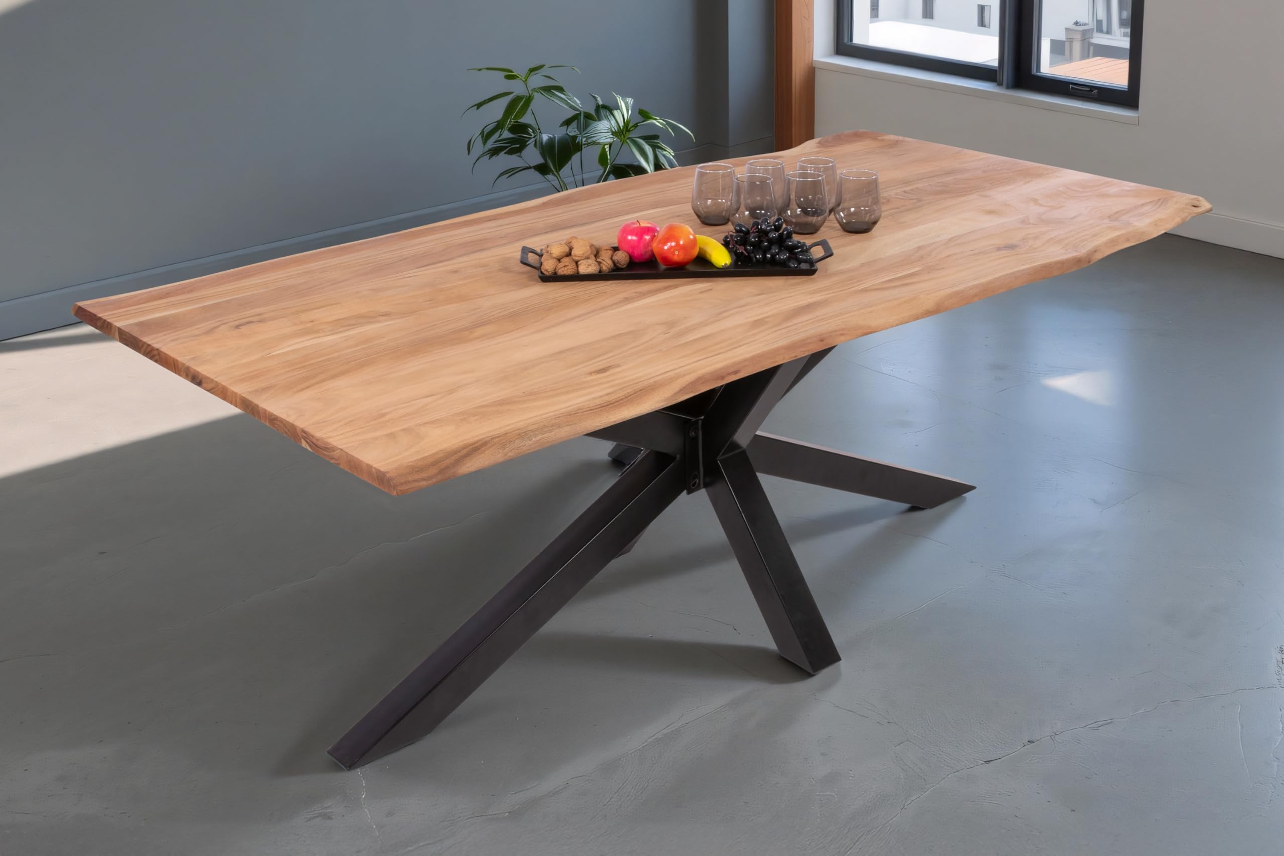SAM Esstisch Dana 180x90 cm Akazie Eiche Baumkante Spider-Gestell schwarz