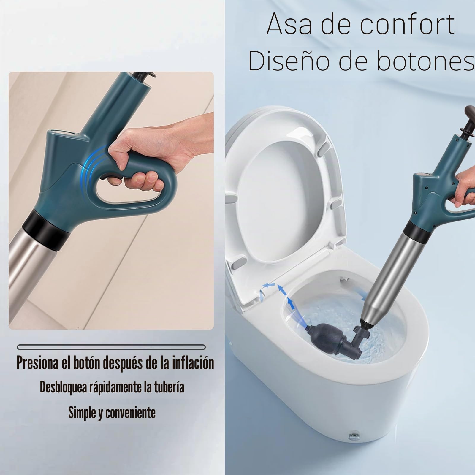 Desatascador WC, Desatascador Tuberias a Presion con barómetro, Desatascador de Inodoro con Cuatro Ventosas Diferentes Adecuado para Cuartos de Baño Inodoros Lavabos (Azul)