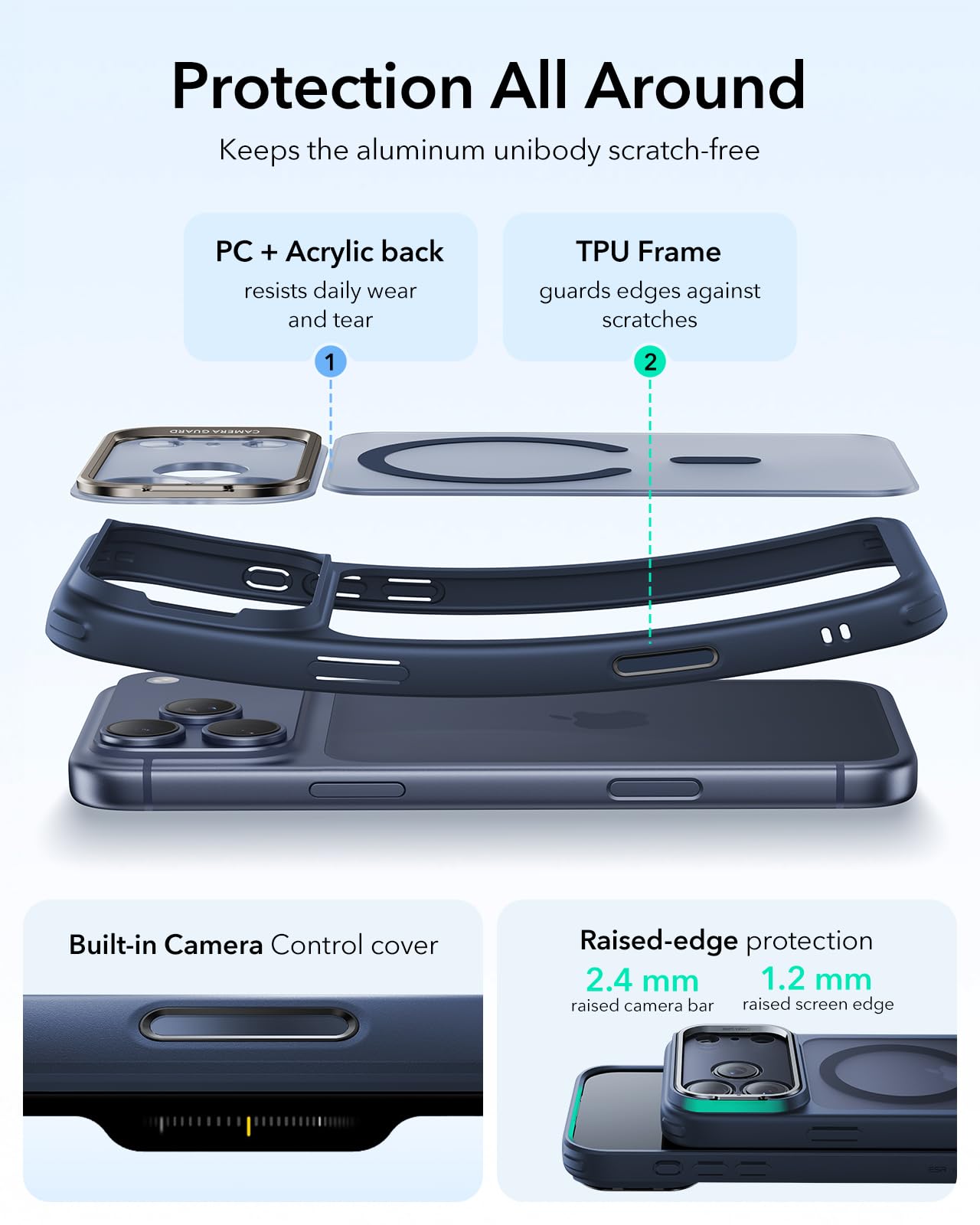 ESR Cover per iPhone 17 Pro Max, Controllo della fotocamera, Compatibile con MagSafe, Supporto integrato, Protezione di livello militare, Retro resistente ai graffi, Serie Classic, Blu Opaco