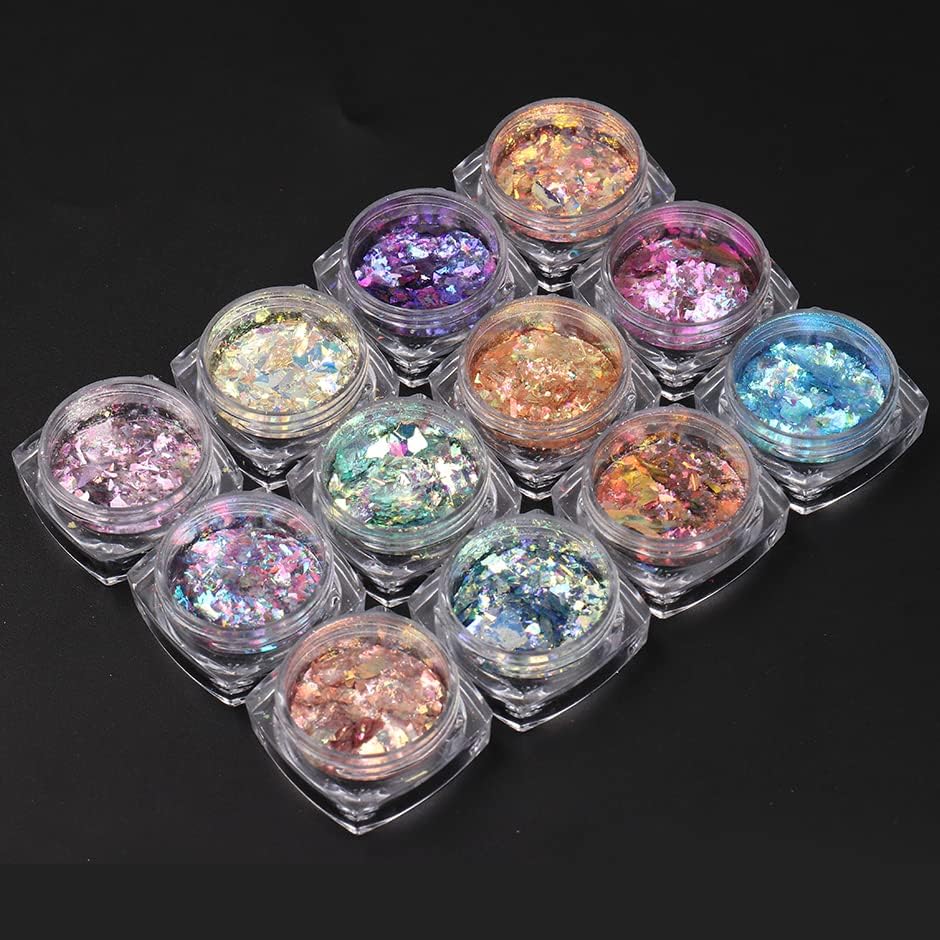 Holographic Mermaid Nail Art Glitter Flake, 12 Grids Holographic Nail Art Sequins Bright Colorful Shiny Nail Supplies Nail Art Design Decoration Accessories
