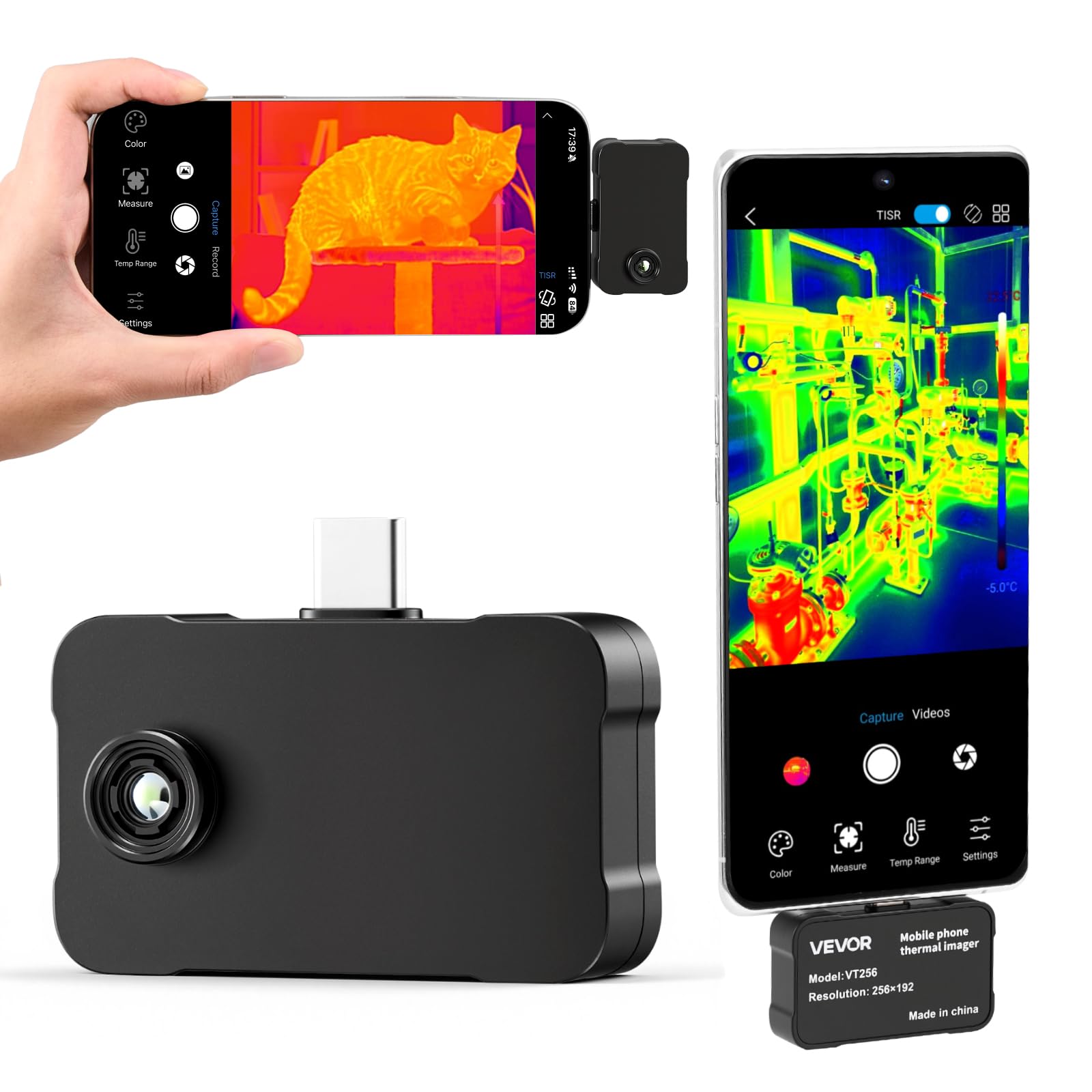 VEVOR Caméra Thermique pour Android et iOS Super Résolution TISR 512x384 Imageur Thermique Infrarouge Résolution 256x192 pour Smartphone et Tablette, 25 Hz, -20 °C à 550 °C, avec 6 Palettes Couleurs