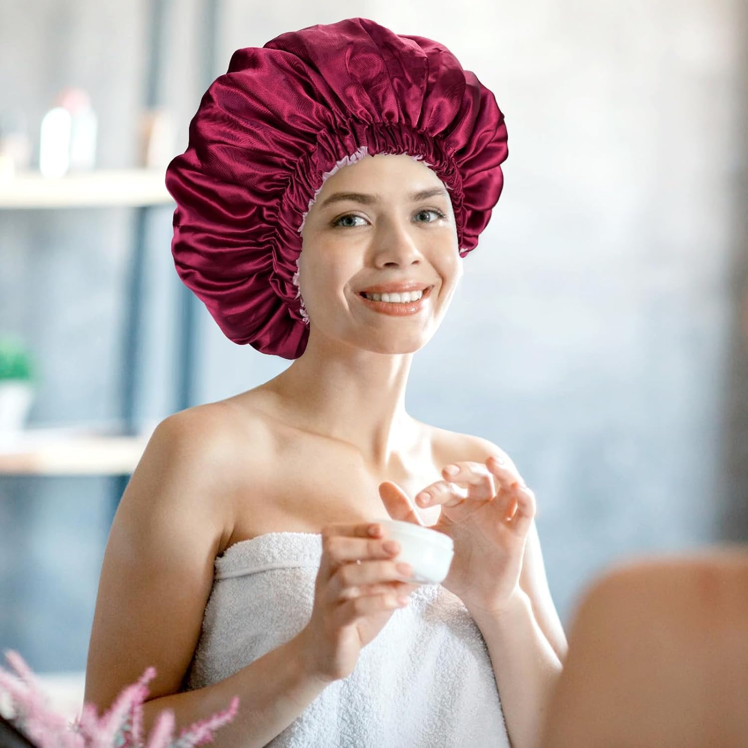 Go well Satin Bonnet for Curly Hair with Free Silk Satin Pillow Covers and Scrunchies | Silk Bonnet for Hair|Best Gift Combo of Pack of 2 Satin Pillowcases with 3 Silk Scrunchies Adjustable HairCap (maroon) 4