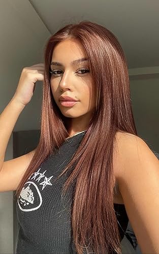 EALGA EALGA-021 - Peluca de cabello castaño rojizo con encaje frontal para mujer, peluca de cabello lacio marrón claro con abuelitos, sin pegamento,