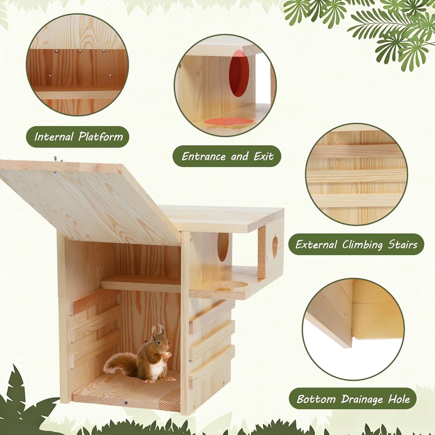 Widened Squirrel House for Outside, 11" W Squirrel Nesting Box with External Platform, Extra Large Squirrel Box for Spring, Easy to Assemble