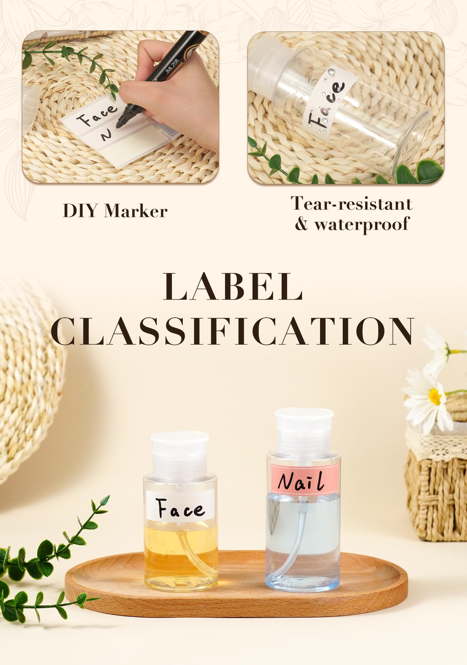 2 Pack Push Down Pump Dispenser, Empty Pump Bottle Dispenser with DlY Lables for Nail Polish, Makeup Remover, Alcohol, Facial Toner 3.38oz/100ML