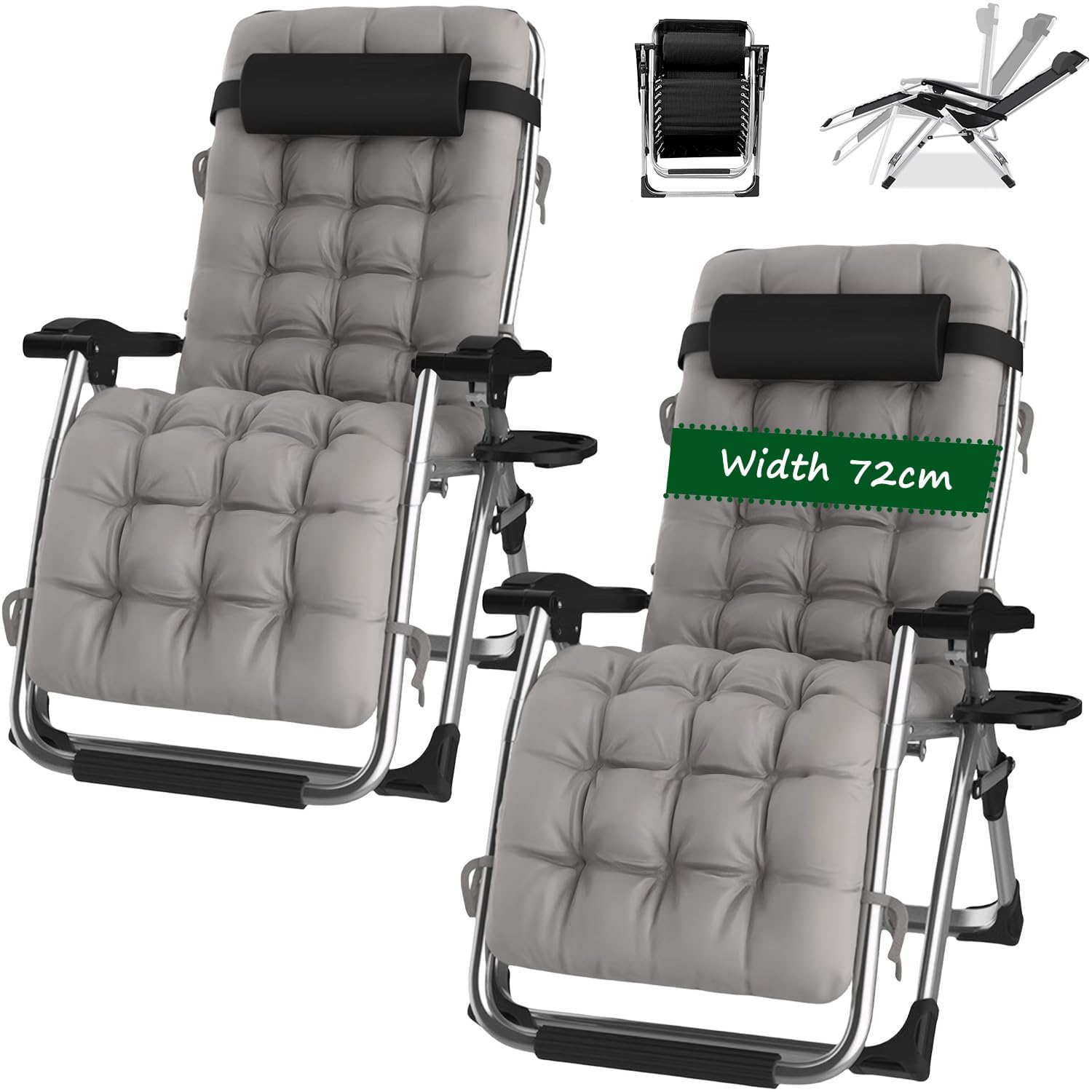PETHOMEL Garden Chairs set of 2- Outdoor/Indoor Sun lounger Reclining Deck Chair,with Cushions Comfortable Relaxer Foldable Zero Gravity Chairs (B- with grey cushion, Set 2)
