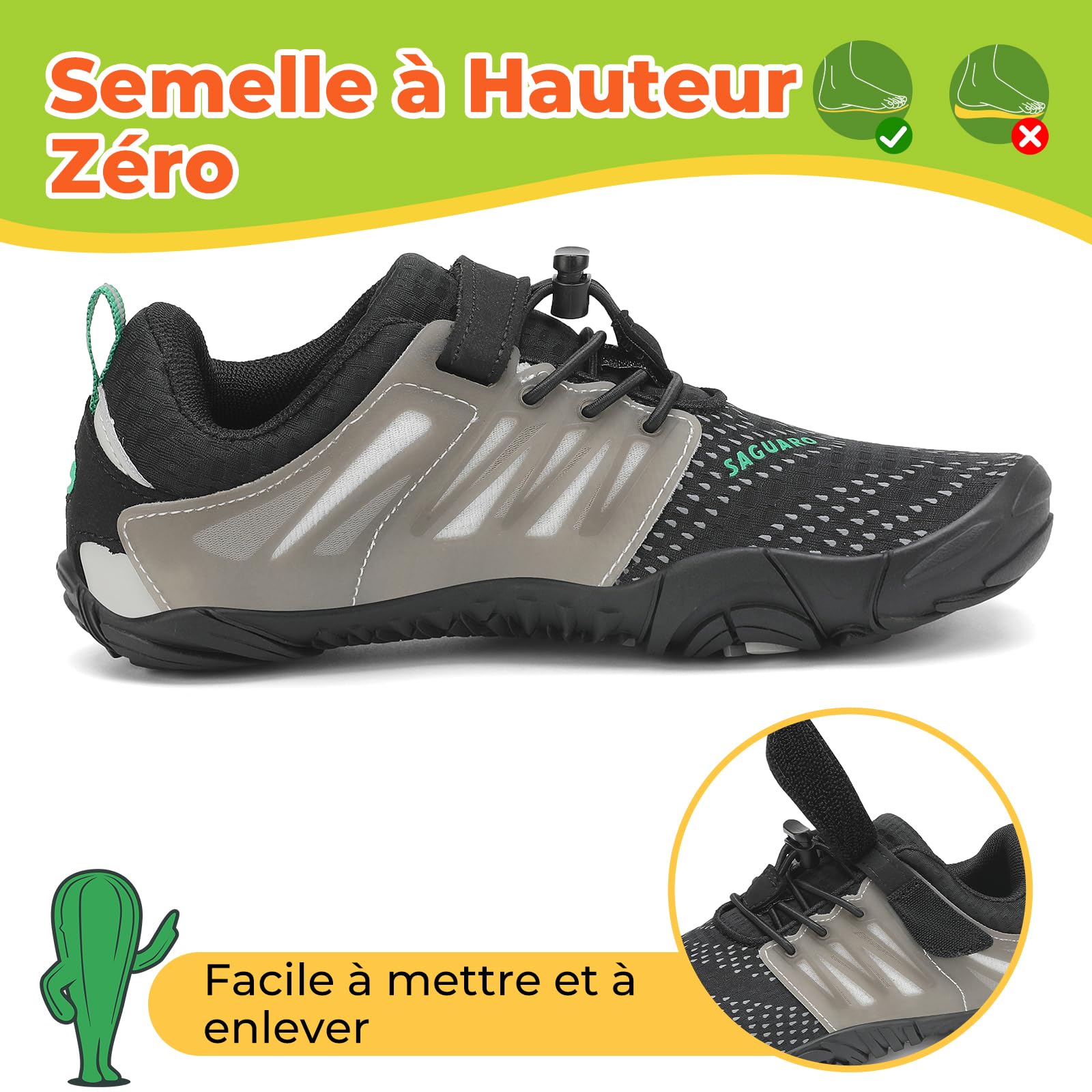SAGUARO Chaussures Minimaliste Enfant Barefoot Semelle Zero Drop Noir EU 24-36