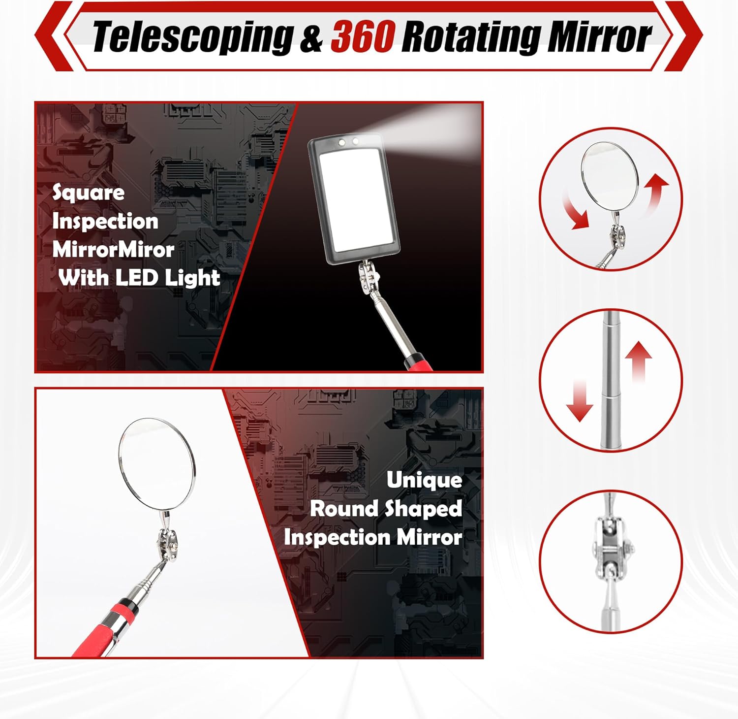 TOOLEAGUE 7Pcs Telescoping Magnetic Pickup Tool Set, Extendable LED Flashlight,Round & Square 360° Inspection Mirror for Men Mechanics, and Handymen, Red