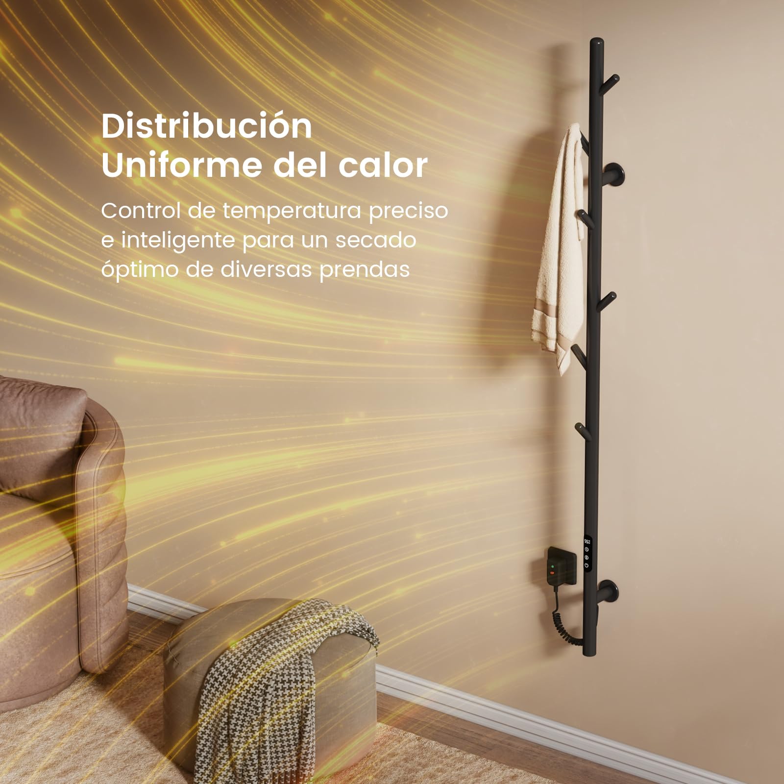 EMKE Toallero Eléctrico de baño, Diseño de toallero eléctrico con Barra, Control de Temperatura Inteligente, toallero Calefactor con 6 Ganchos, Negro