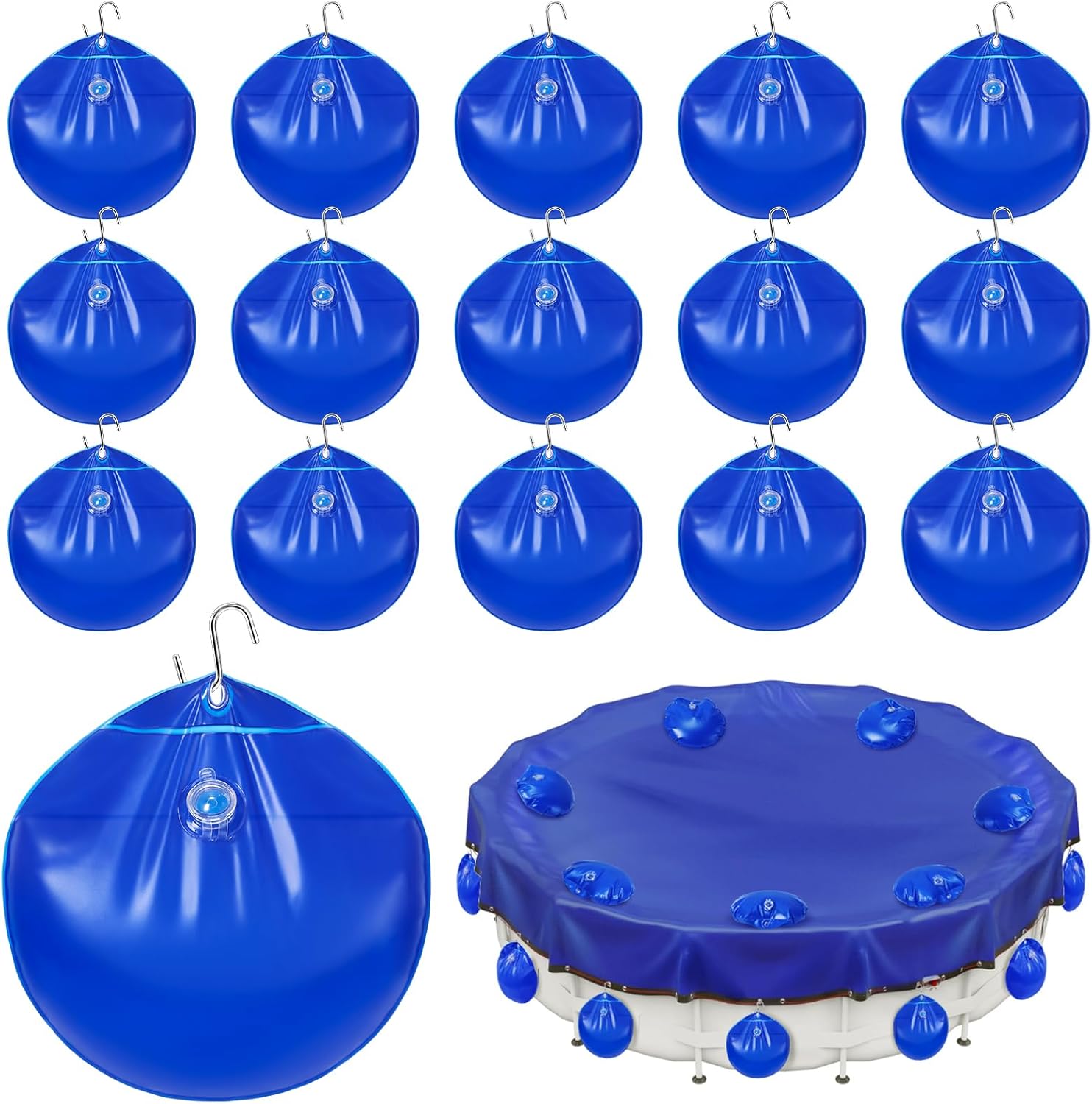 16 Pack Pool Cover Weights with S Hooks, Pool Cover Weights Above Ground, Antifreezing Thick PVC Weights for PoolCover for Fix Above Ground PoolCover