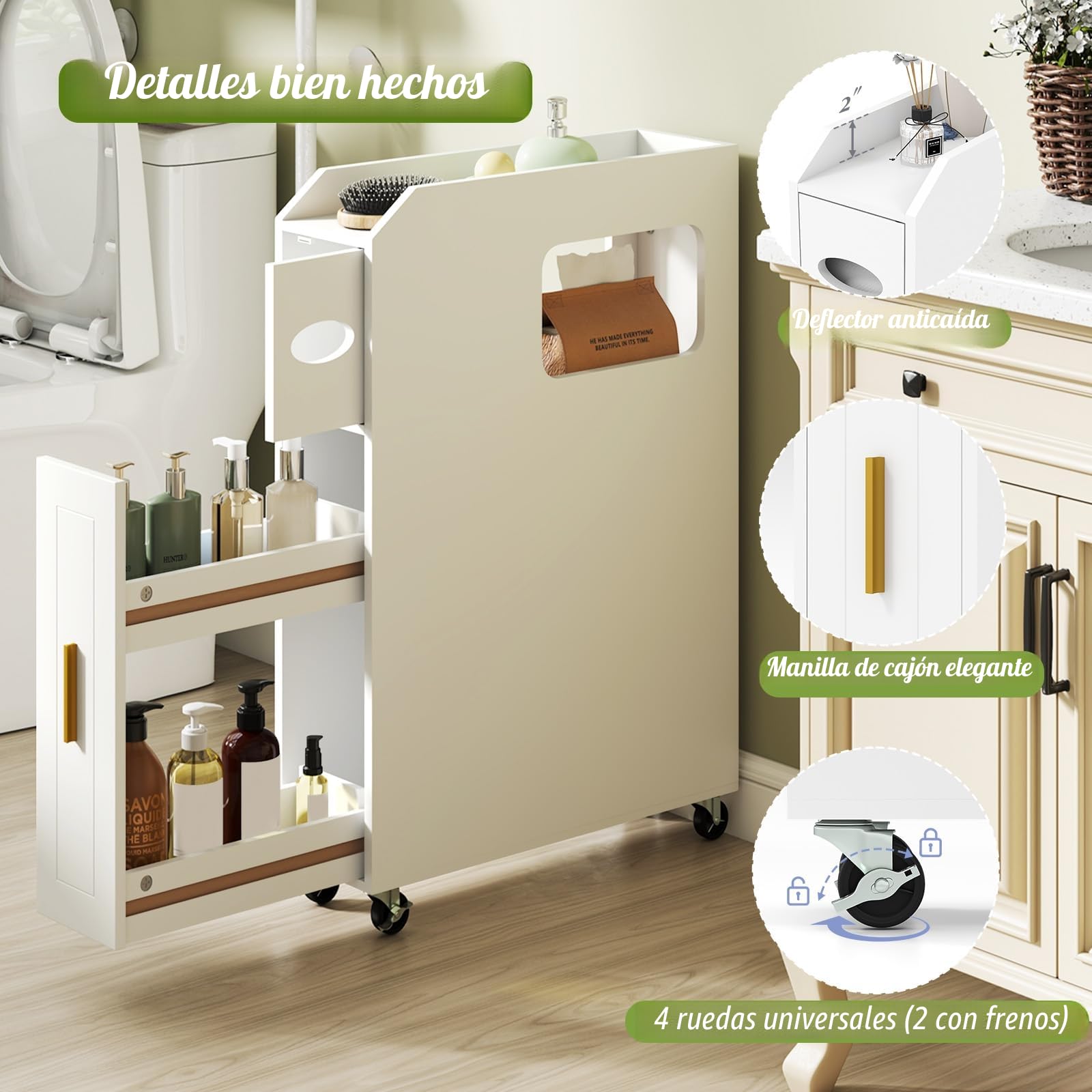 LIFEZEAL - Armario de Baño, 16 cm, Carrito de Almacenamiento Rodante con Soporte de Papel, Portacepillos y Cajón, Pequeño Organizador para Lavandería, Sala de Estar, Cuarto de Baño (Blanco)
