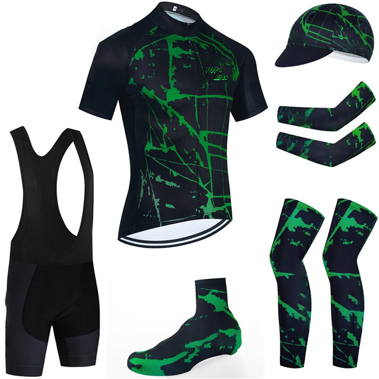 FFFF & OLFEH Herren Fahrradbekleidung Set Kurzarm Herrentrikot Radhose Radtrikots, 3 Gesäßtaschen, feuchtigkeitsableitend, kurzärmelig, schnell trocknend, 6-teiliges Set