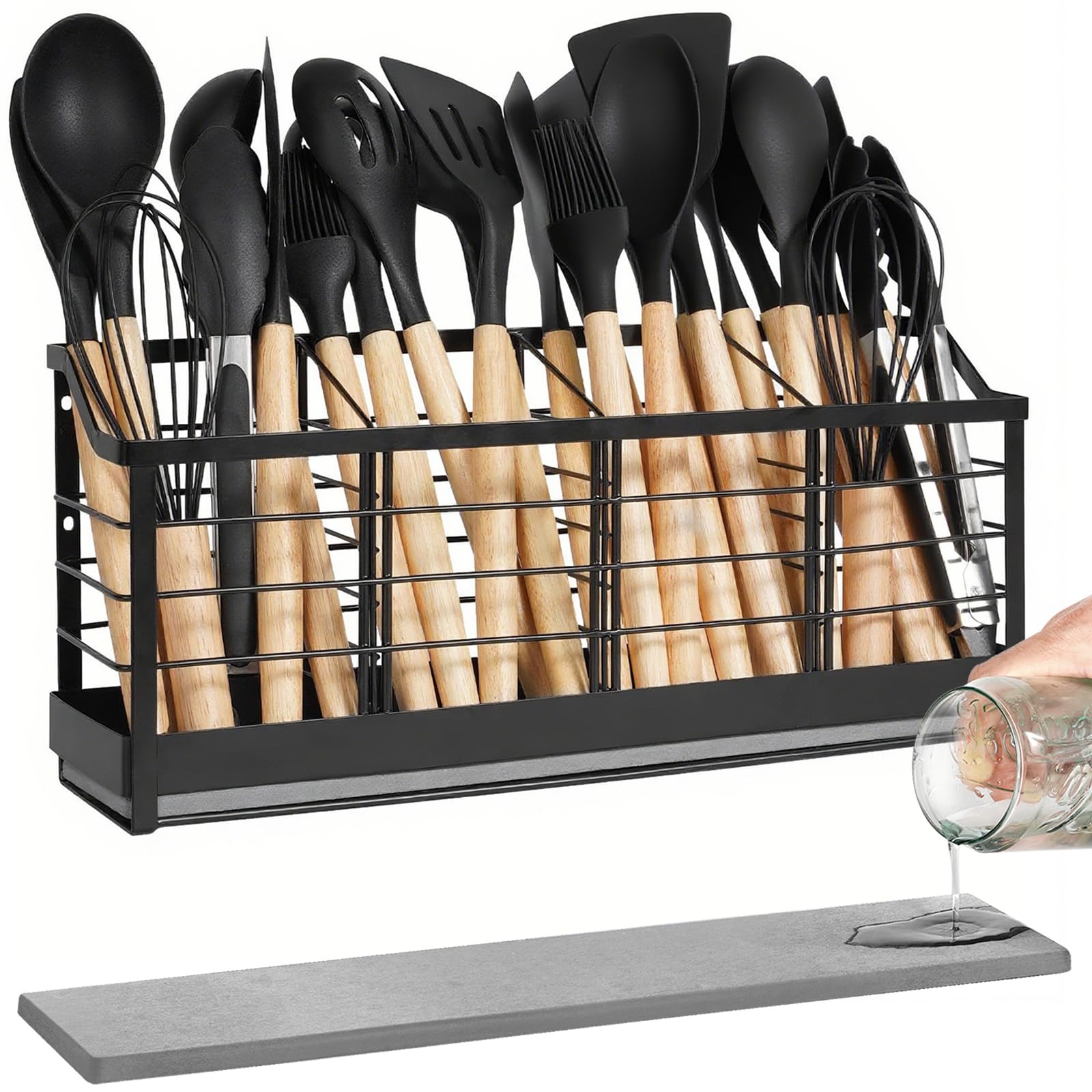 Großer Küchenbesteckhalter mit Diatomit-Boden – Wandmontierbarer Utensilienhalter mit 4 Fächern – Schnelltrocknender Organizer aus Metall in Mattschwarz für Arbeitsplatte oder Wand