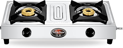 Surya Flame Zeon Gas Stove 2 Burners Steel with Stainless Steel Body | Removable Drip Tray | ABS Knobs