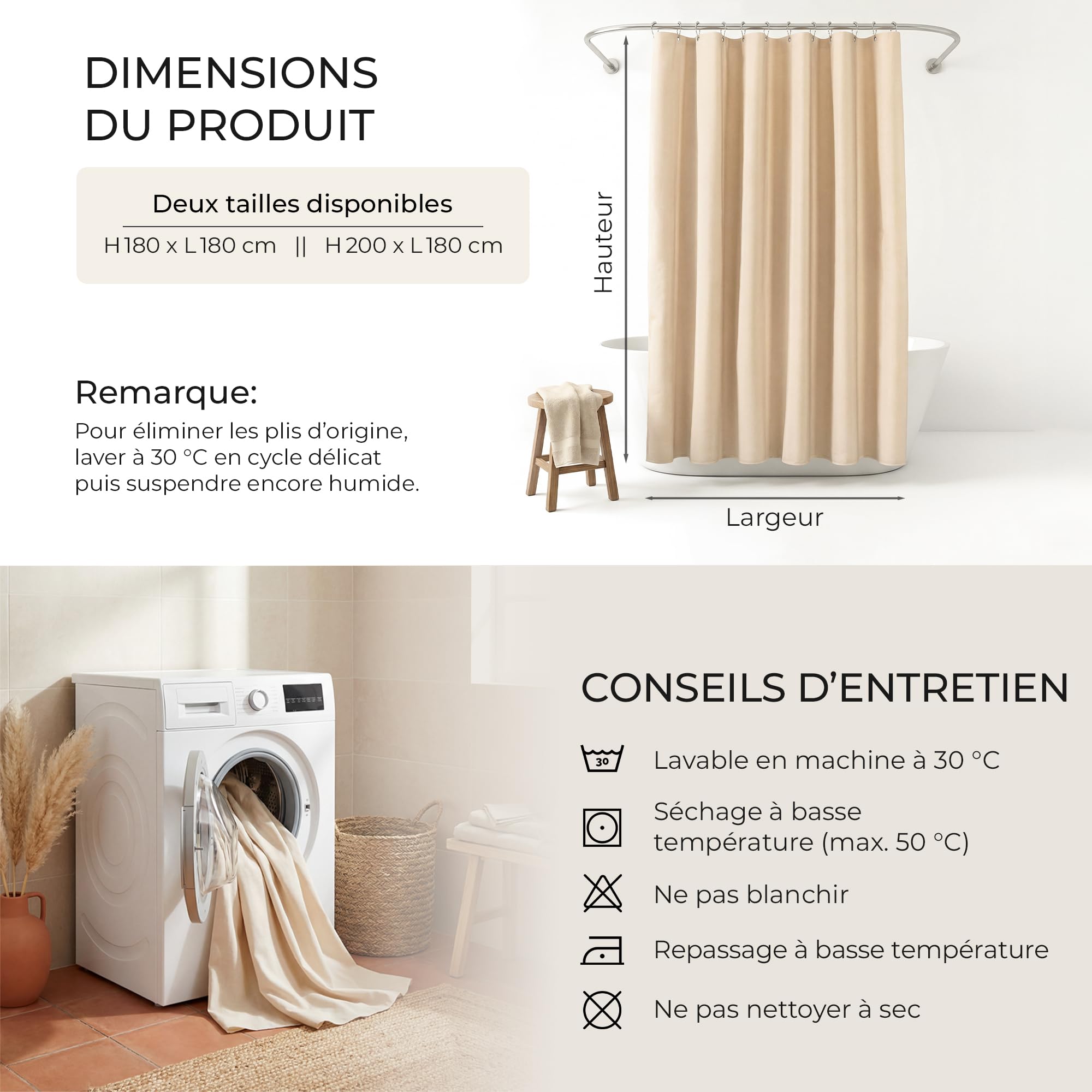 Rideau de Douche Lin Texturé 180x200 Beige – 230 GSM Imperméable | Usage polyvalent : baignoire, douche italienne, camping, balcon, hôtel, salle de sport