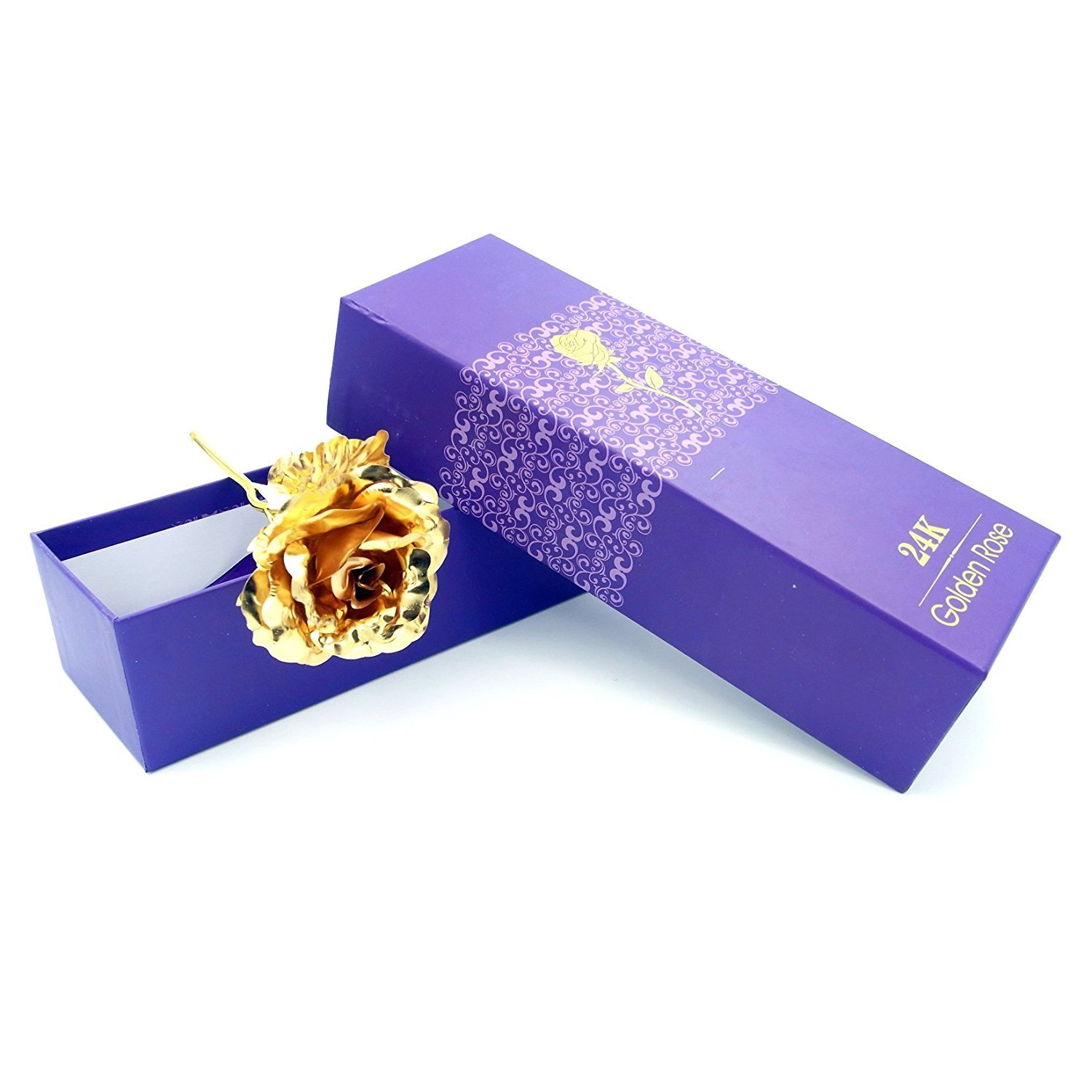 Rosa Oro 24K In Regalo Con Confezione, Fiore Eterno In Foglia D'Oro, Lunghezza 24 Cm, Per San Valentino, Festa Della Mamma, Anniversario, Viola