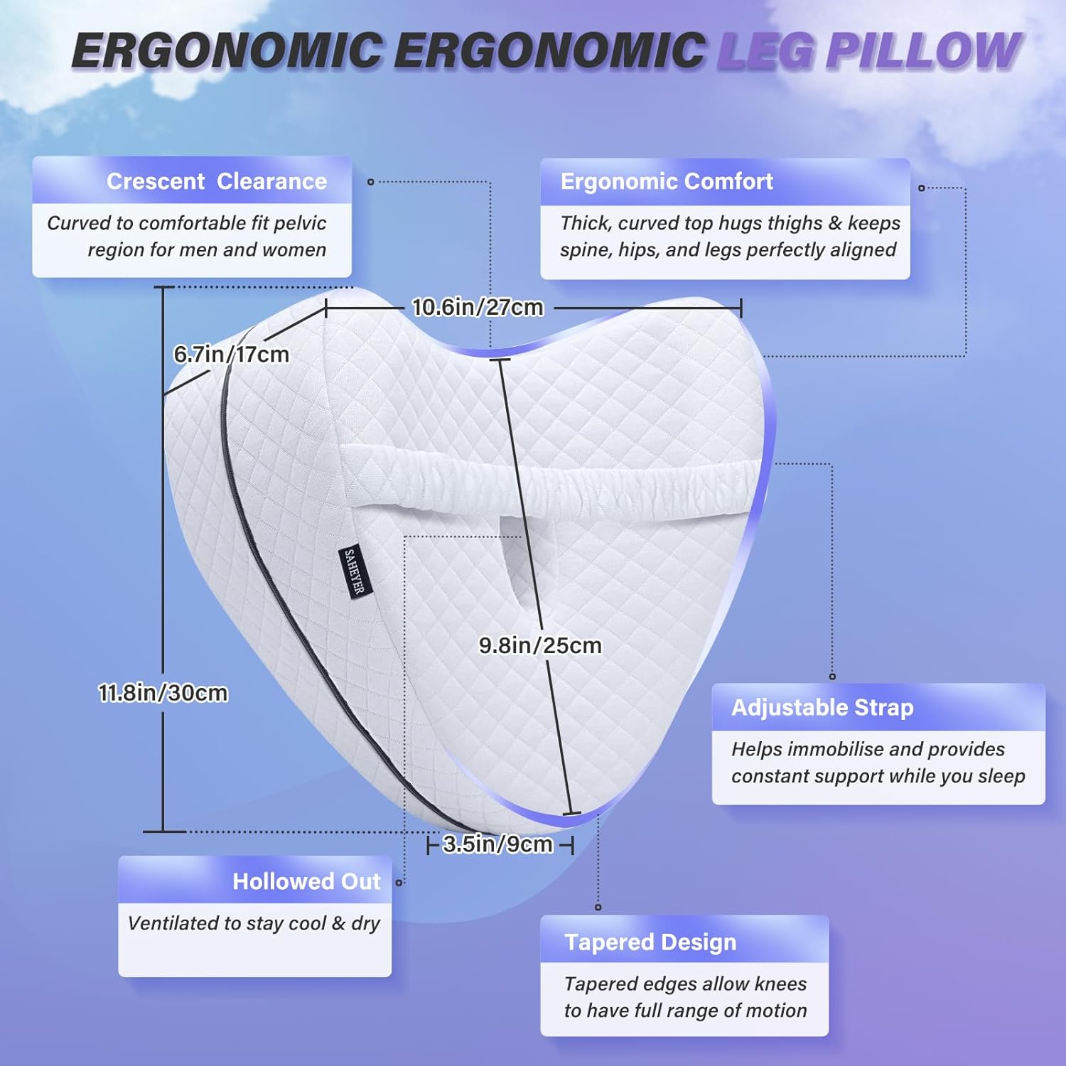 Knee Pillow, Soft Memory Foam Body Pillows, Heart Shape Hip Support Pillow for Side Sleepers, Coussin Grossesse with Adjustable Strap for Spine Alignment, Sciatica Relief, Post Injury Recovery