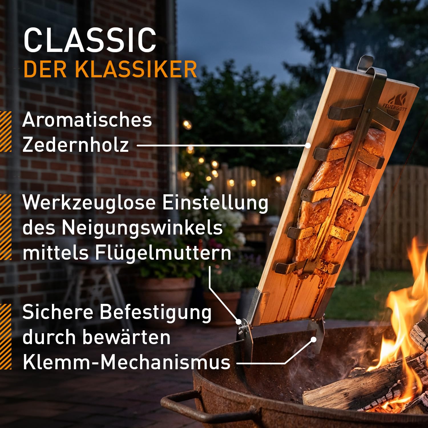 Flammlachsbrett Classic 2er-Set mit Edelstahl-Halterung zum Grillen und Räuchern von Lachs, Forellen - Zedernholz für Feuerschale, Grill, Lagerfeuer