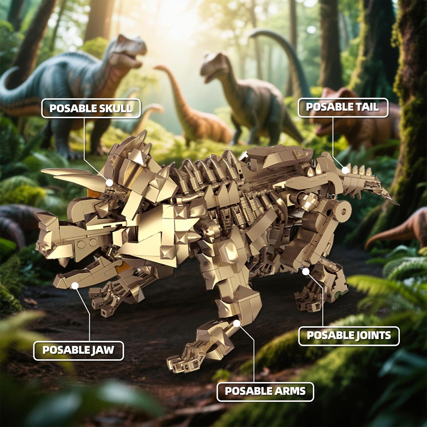 Triceratops Fossil Skeleton Building Block Set Movable Dinosaur Model with Articulated Joints Educational STEM Construction Toy for Kids & Collectors