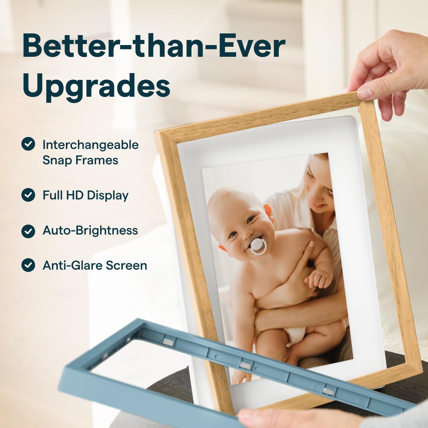 Skylight Digital Picture Frame 2 – 10" Full HD Wi-Fi Touch Screen, 16GB Digital Photo Frame, Load Photos & Videos Directly from Phone, Anti-Glare – Personalized Gifting, Rubber Wood Birch Brown