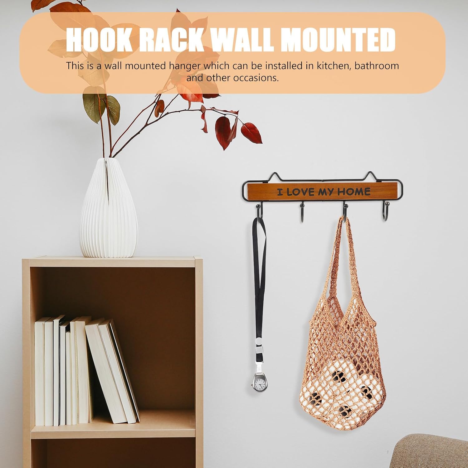 Wall Mounted Wood and Iron Hook Rail with 4 Hooks, Corrosion Resistant No Assembly Required Coat and Key Holder for Kitchens and Bedrooms