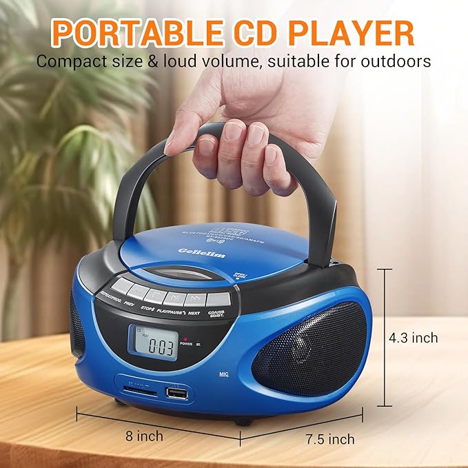 Reproductor CD portátil Boombox Bluetooth radio AM FM azul miniatura 3