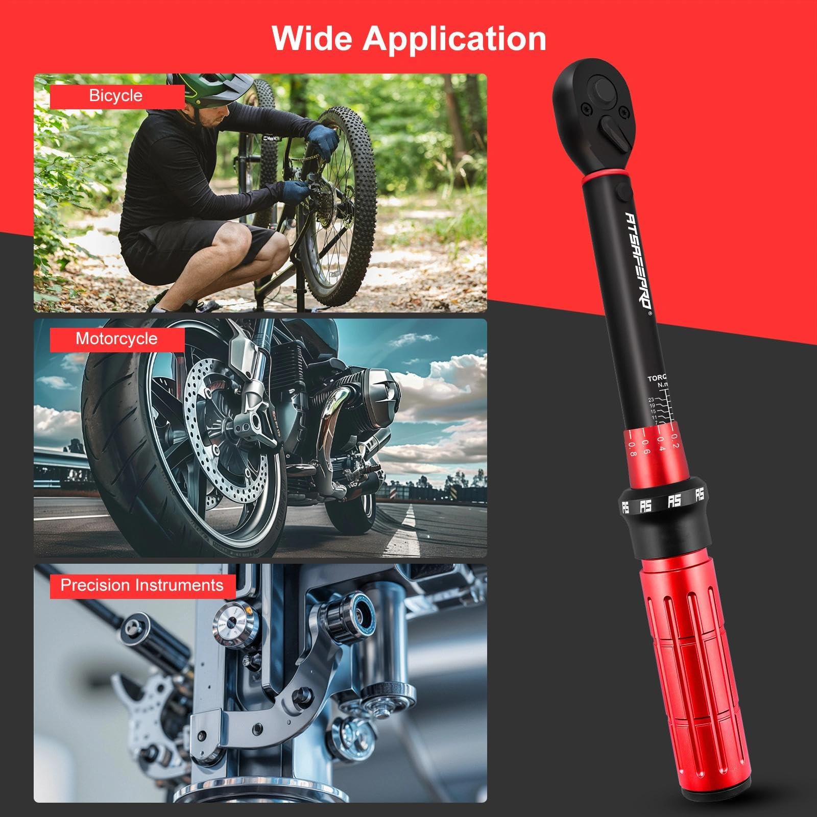 ATsafepro 61-Sztukowy 1/4" 1-25 Nm Klucz Dynamometryczny Rower Zestaw, Manometr Ciśnienia w Oponach 11 Bar, Dokładność ±3%, Mechanizm 72 Zęby Dwukierunkowy, Narzędzie do Zaworów, 40 Bitów, Przedłużka,