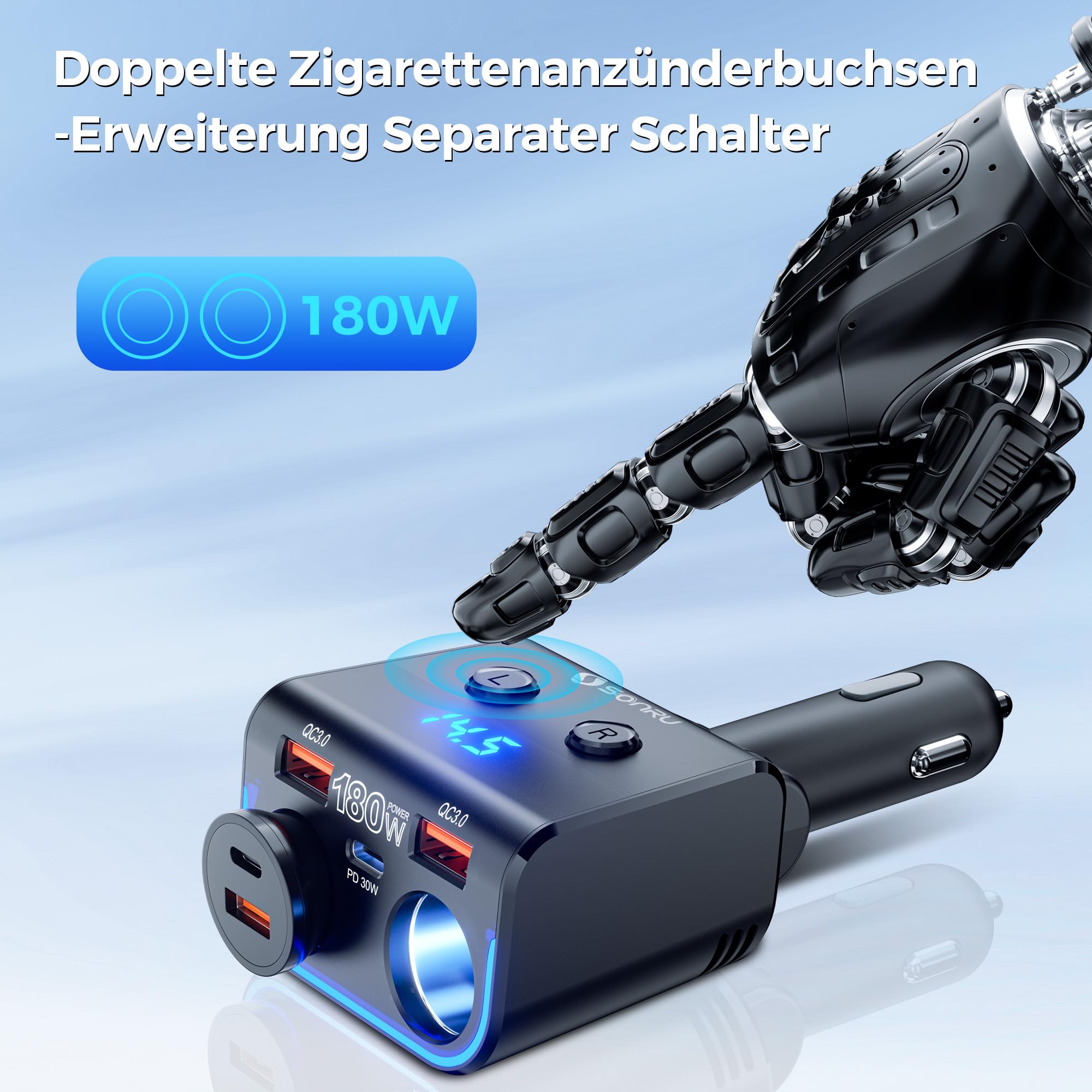 SONRU180W Zigarettenanzünder Verteiler 5 in 1, 24/12 Volt Steckdose Auto Ladegerät KFZ Doppelsteckdose Adapter mit Zwei USB Typ-C Schnellladeanschluss