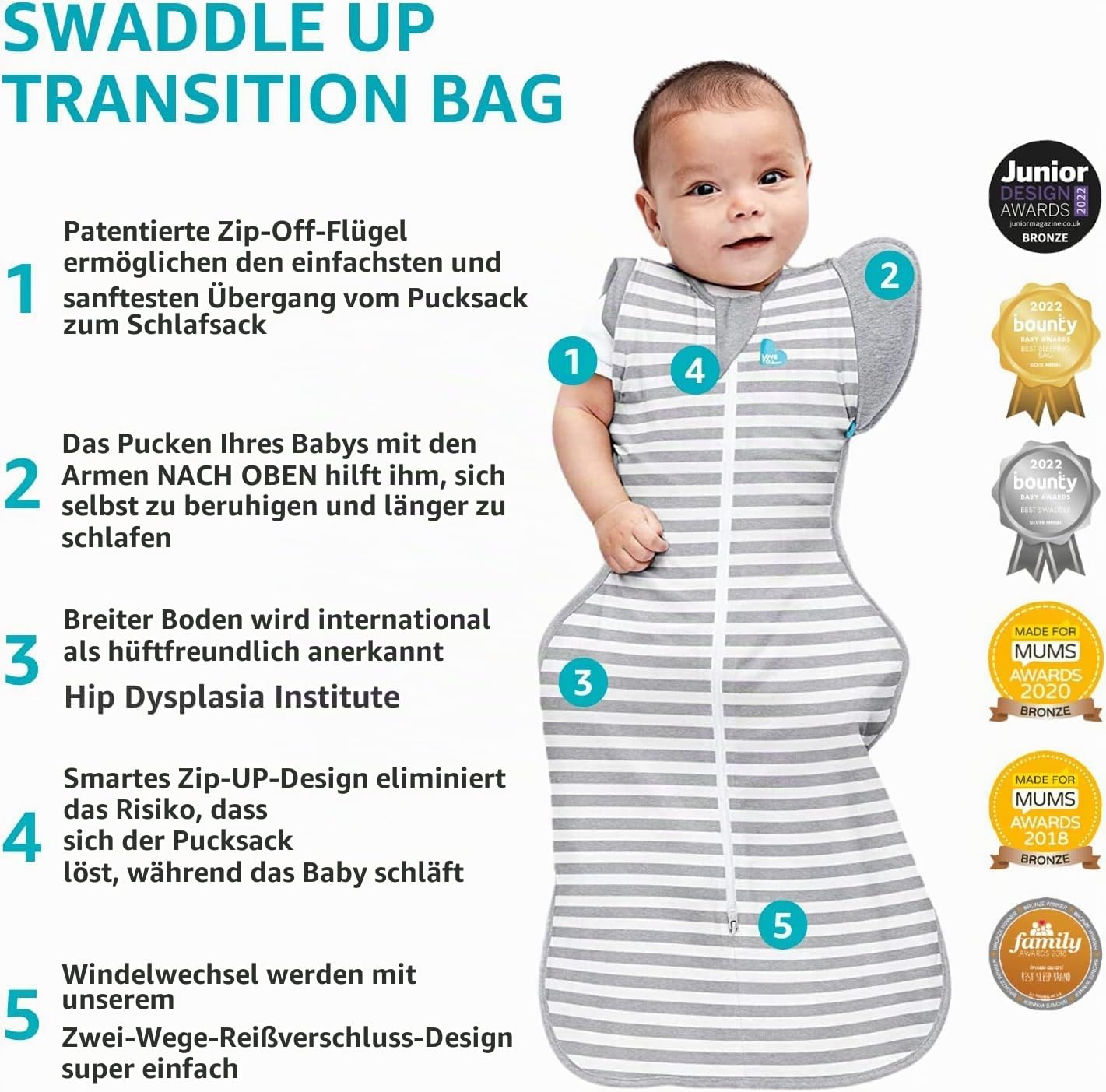 Love To Dream Übergang Pucksack, Baby Schlafsack, Medium (6-8,5kg), idealer Stoff für kalte Temperaturen (<16°C), patentiertes abnehmbares Flügel Design, Weiß, Von Hebammen empfohlen