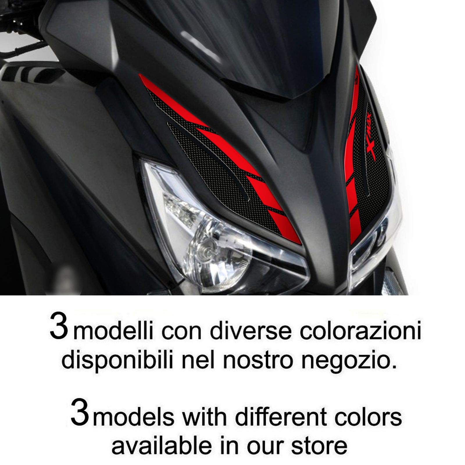 Resin Bike Adesivi 3D Resinati Per Yamaha Xmax 400 (2013-2016) | Protezione Frontale Effetto Carbonio Con Scritta Rossa