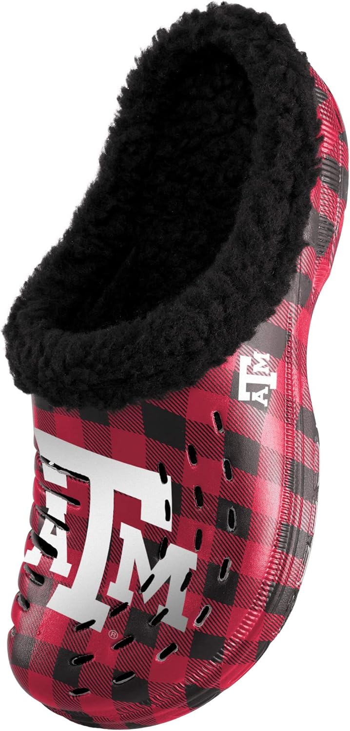 FOCO NCAA Mens NCAA College Team Logo Sherpa Lined Buffalo Check Shoes Slipper Clogs