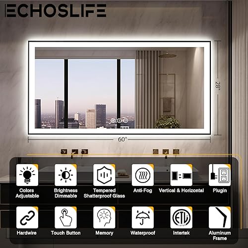 Miniatura 2 de Espejo de baño LED de 60 x 28 pulgadas para pared, marco de aluminio negro (frontal y retroiluminado), espejo de tocador antivaho con iluminación,