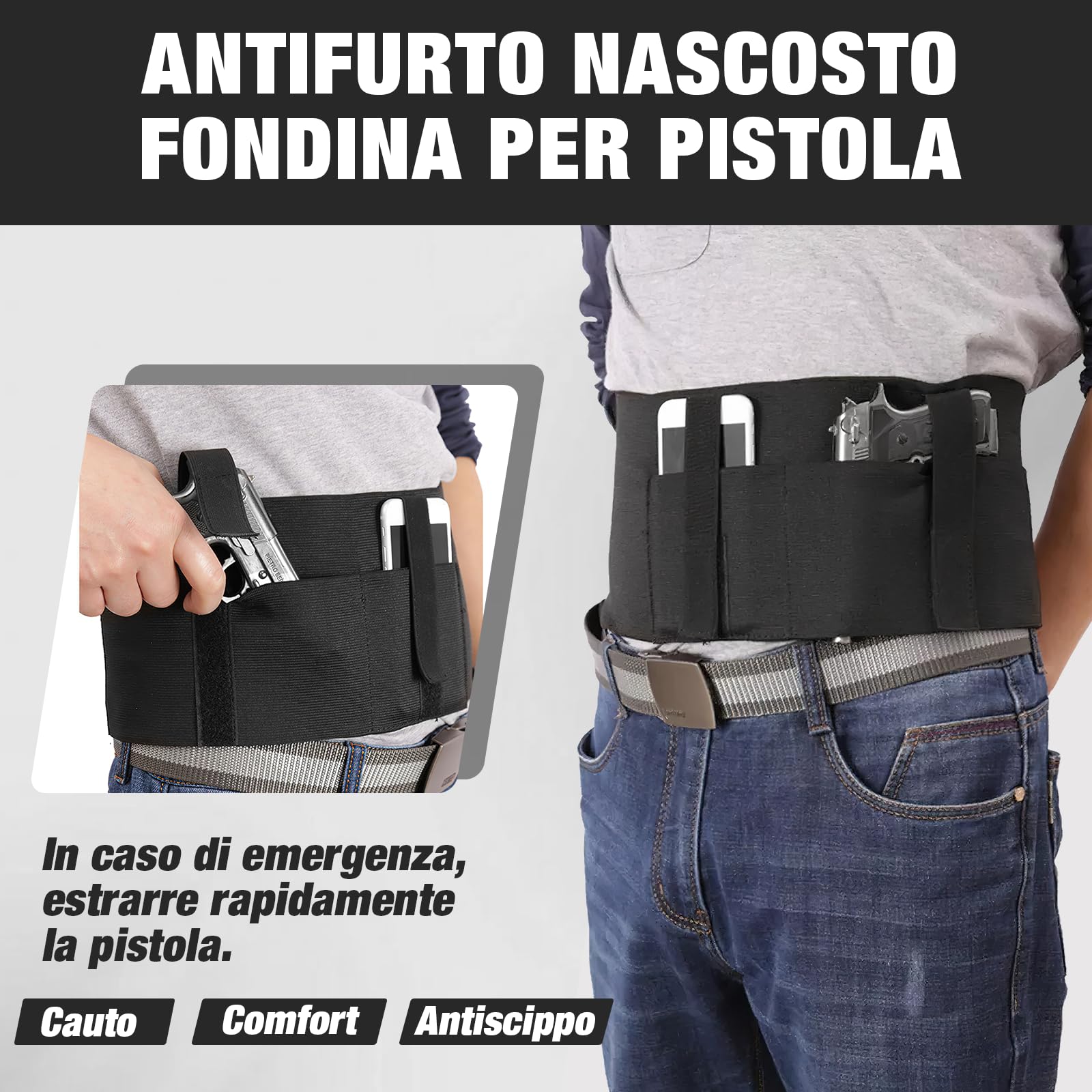 Elastica Fondina Fascia Addominale in Neoprene, Porta Pistola Nascosta con Tasca, Multiuso Mini Borsa da Bucato