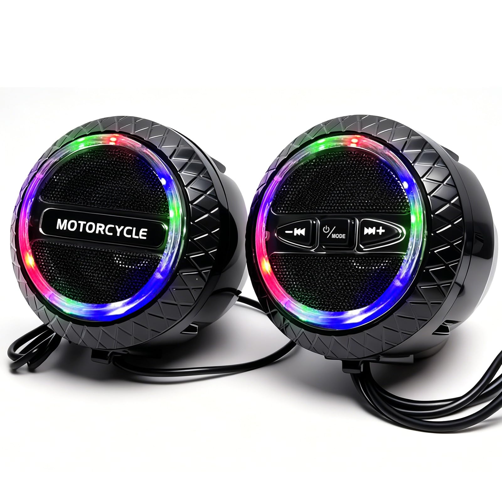 Qivine Altoparlante RGB impermeabile per manubrio di moto, 2 x 20 W, luci LED sincronizzate con la musica, Bluetooth/FM/USB, audio potente a 2 canali, sistema audio per moto, suono