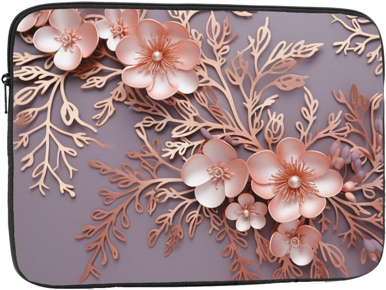 Rose Gold Elegant Decorative Floral Laptop Sleeve Bag 10 Inch Waterproof Shock Resistant Notebook Carrying Case Lightweight Computer Skin Bag