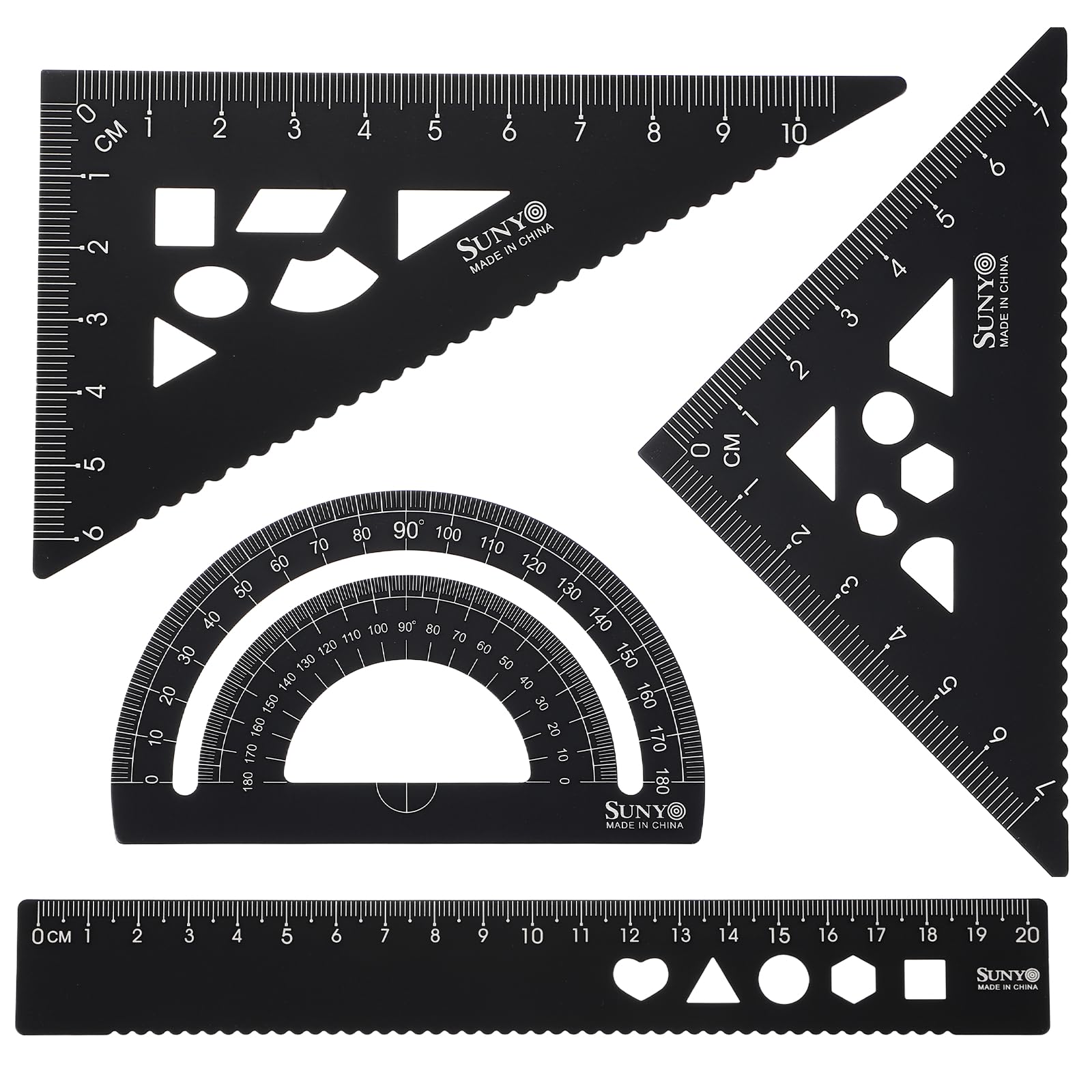 sourcing map 4pcs Triangular Ruler Set 20cm Aluminum Alloy Straight Geometric Protractor Triangle Engineering Scale Drafting Ruler Kit Measuring Drawing Tool for Classroom Office Home, Black