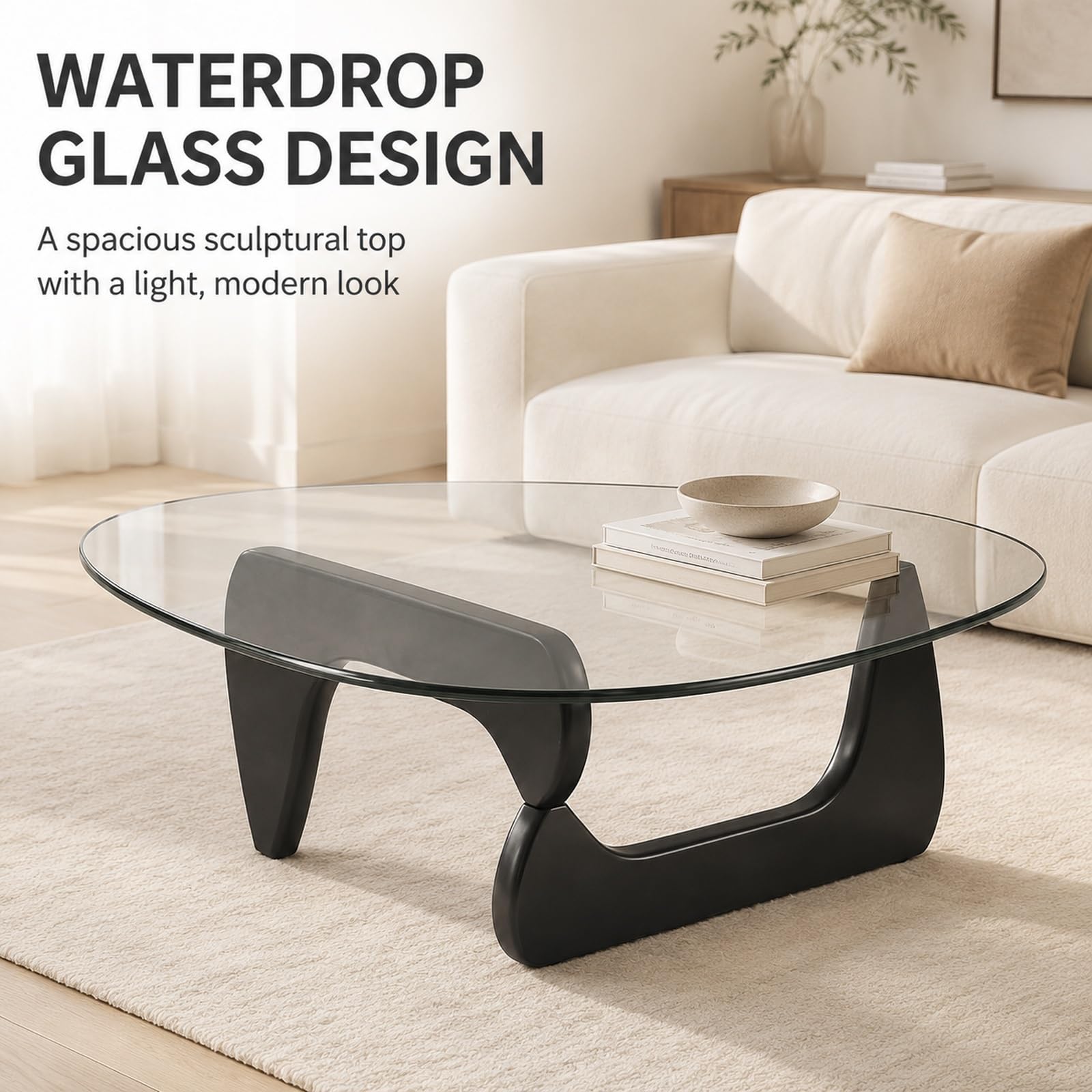 Table Basse en Verre Goutte d'eau,Table de Salon à Base en Bois